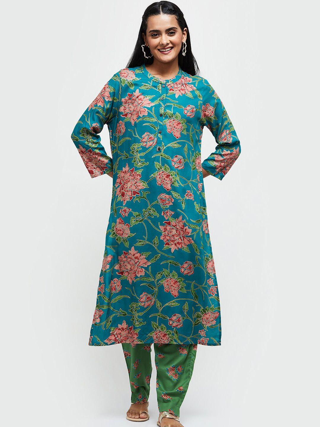 max women teal viscose rayon floral printed kurta with trousers