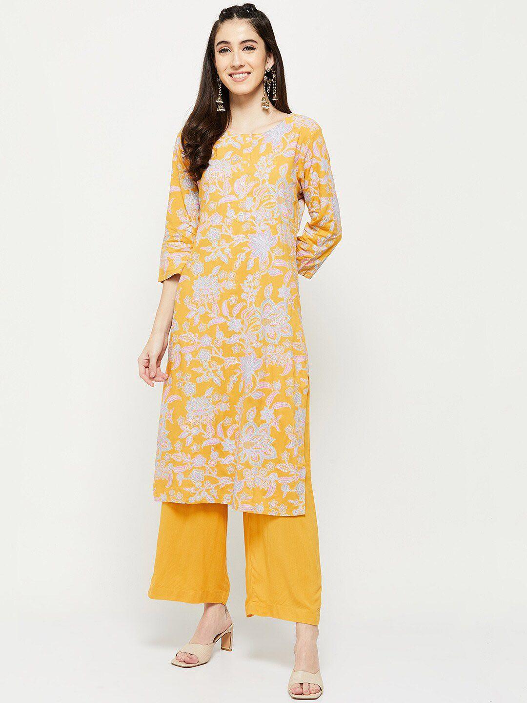 max women yellow floral printed kurta with trousers