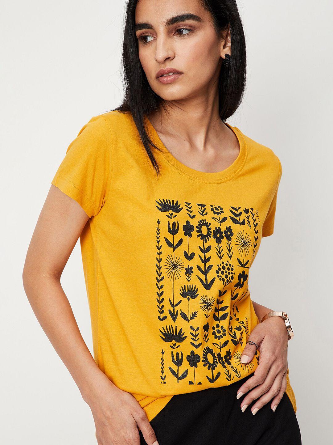 max women yellow floral printed round neck cotton t-shirt