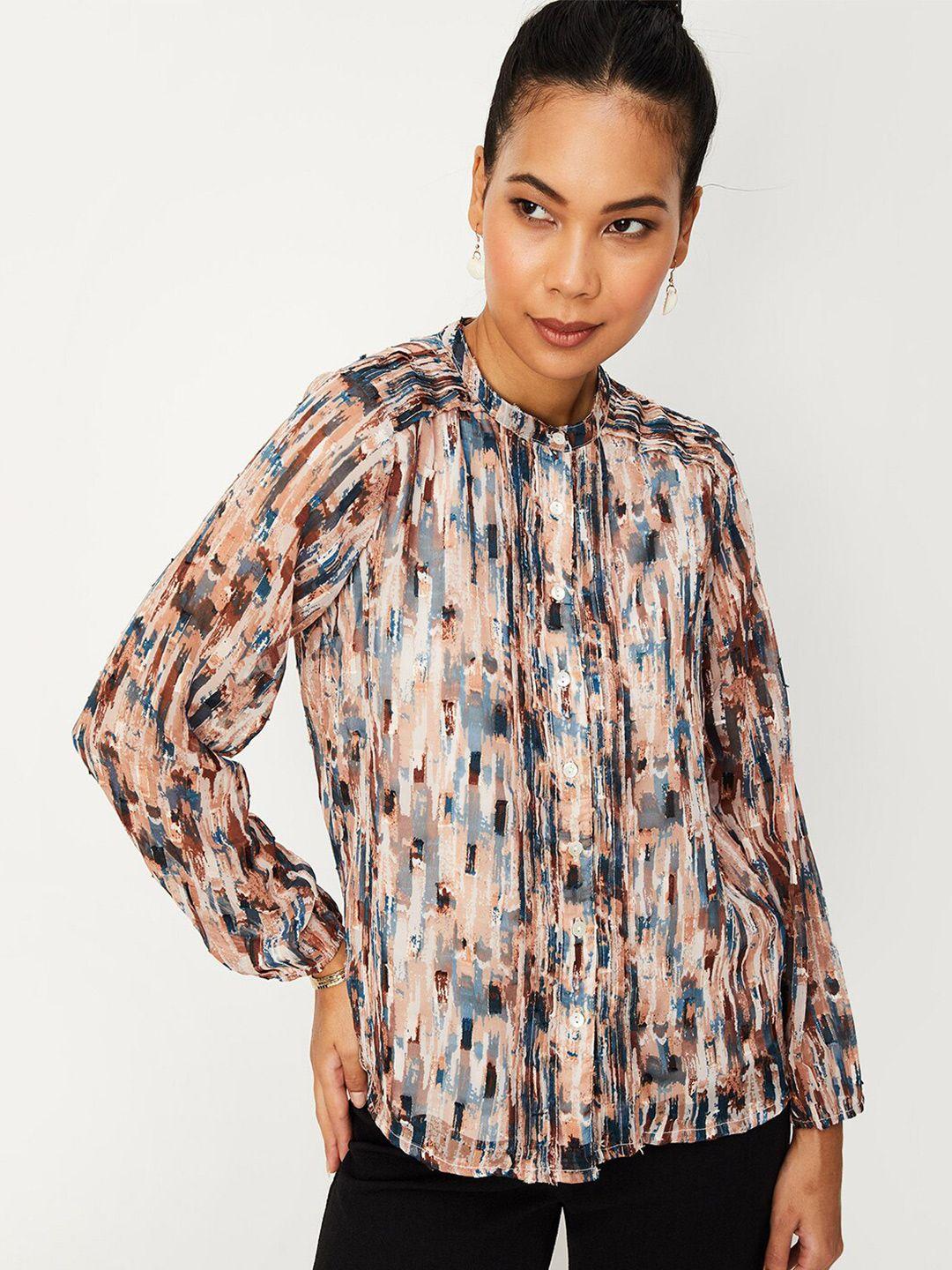 max abstract printed band collar shirt style top