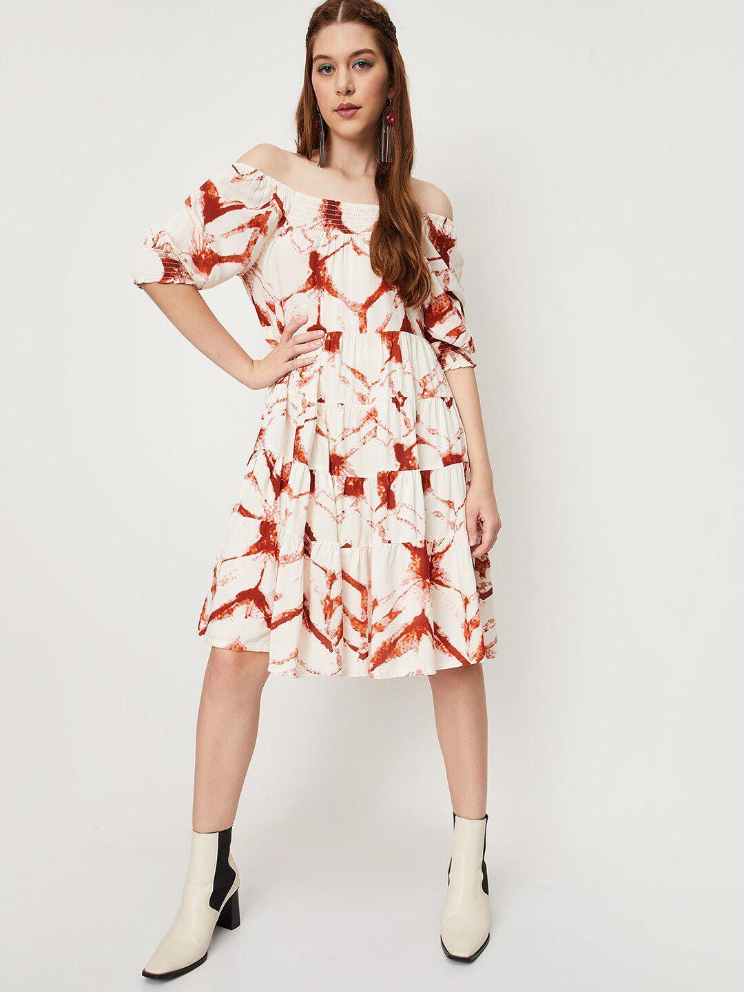 max abstract printed off-shoulder puff sleeves fit & flare dress