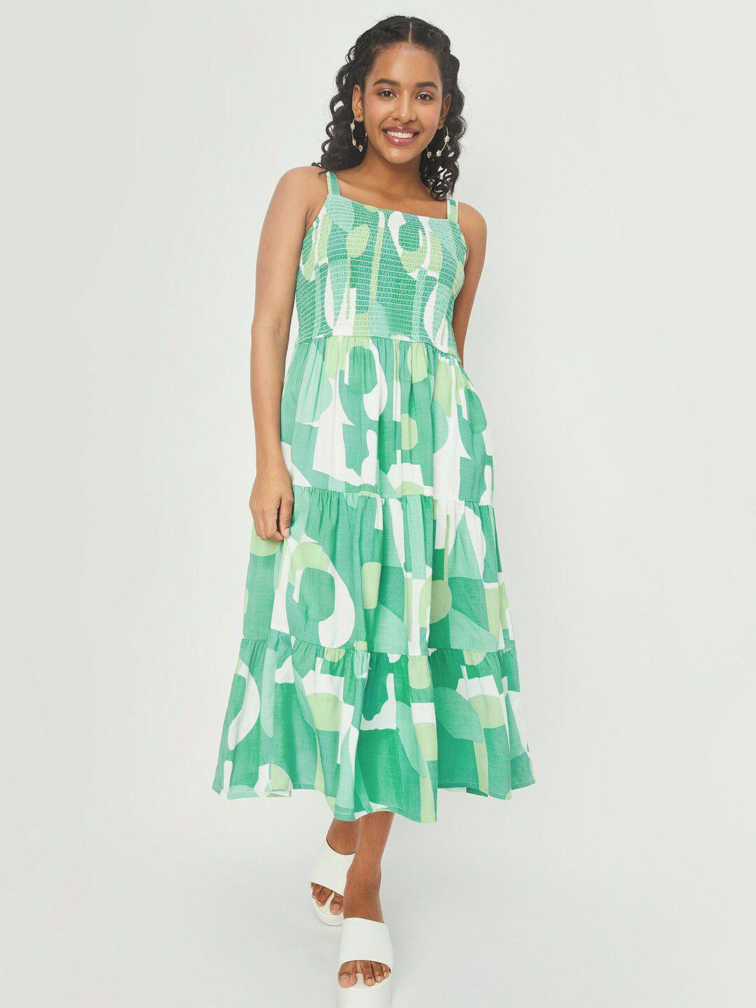 max abstract printed smocked sleeveless fit and flare midi dress