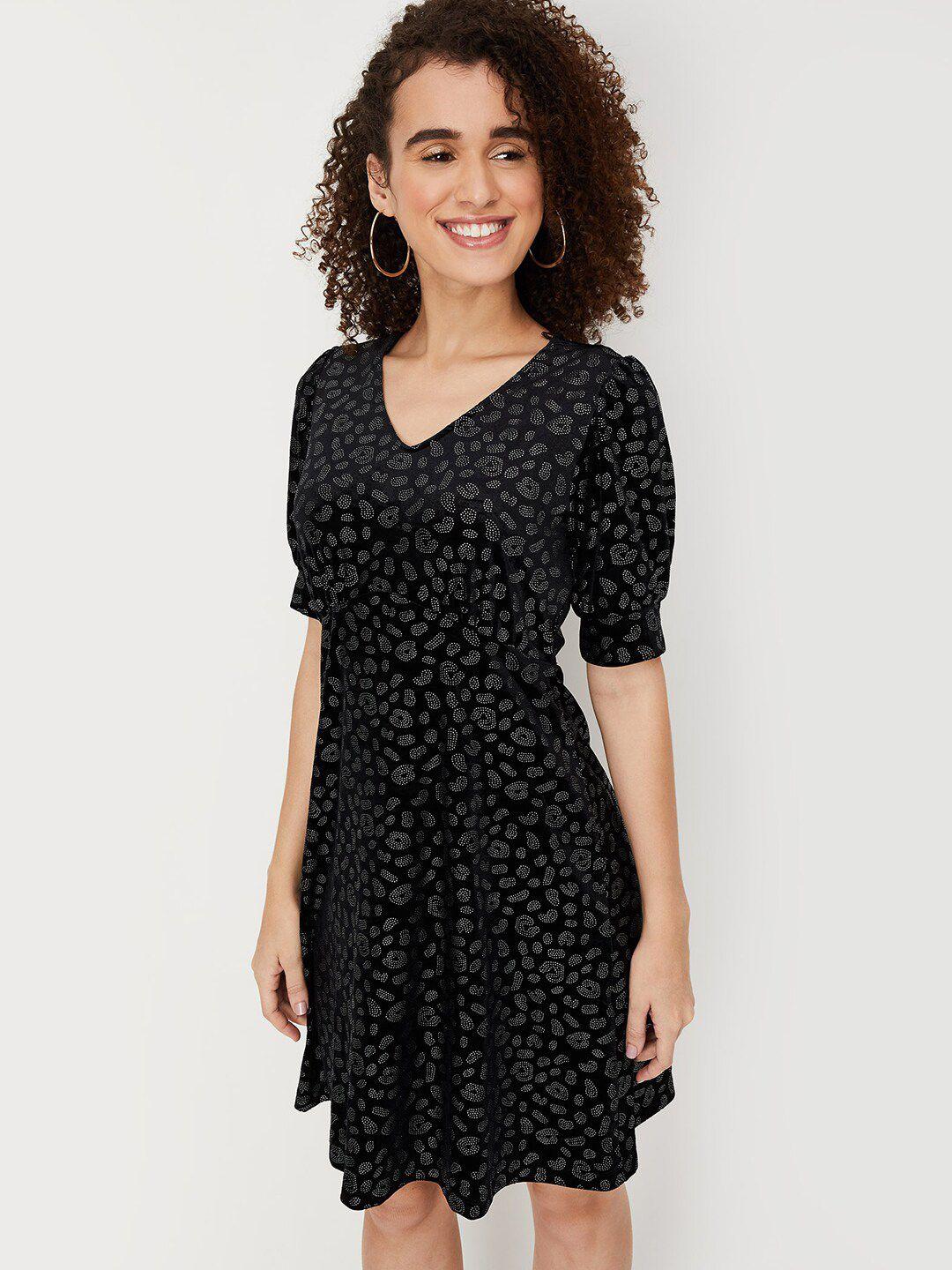 max abstract printed v-neck puff sleeve gathered fit & flare dress