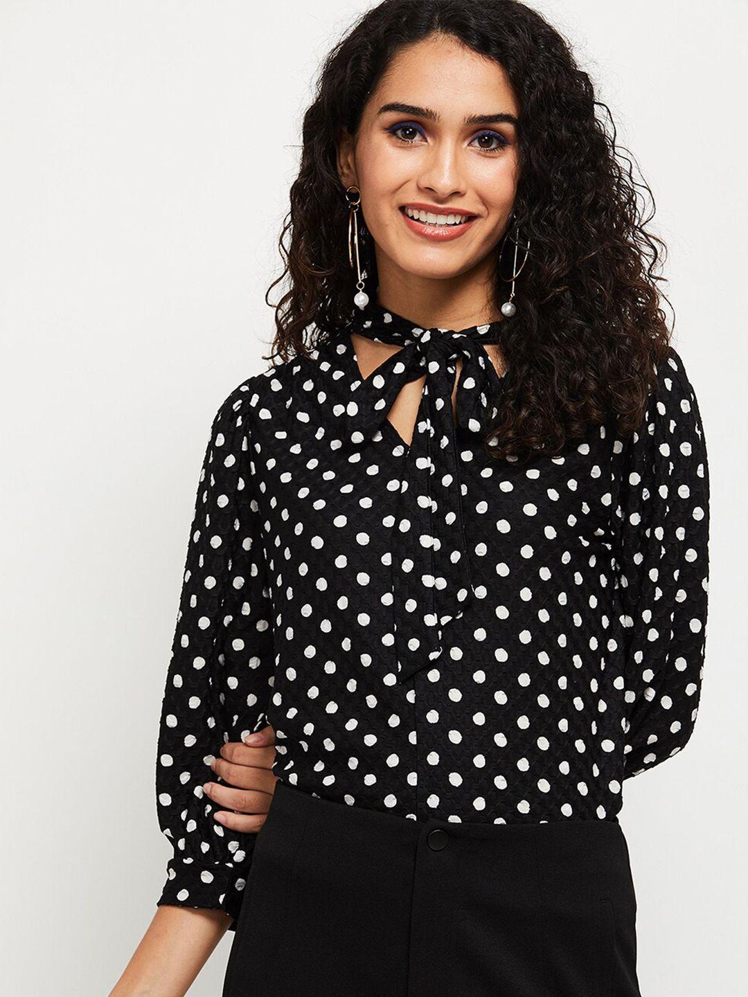 max black & white print tie-up neck top