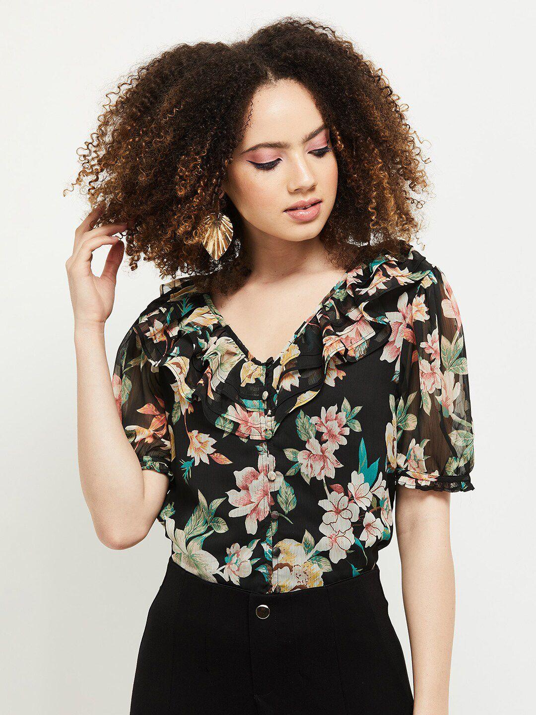 max black floral print v-neck top