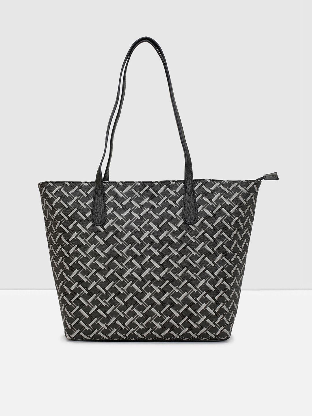 max black geometric printed pu oversized structured tote bag