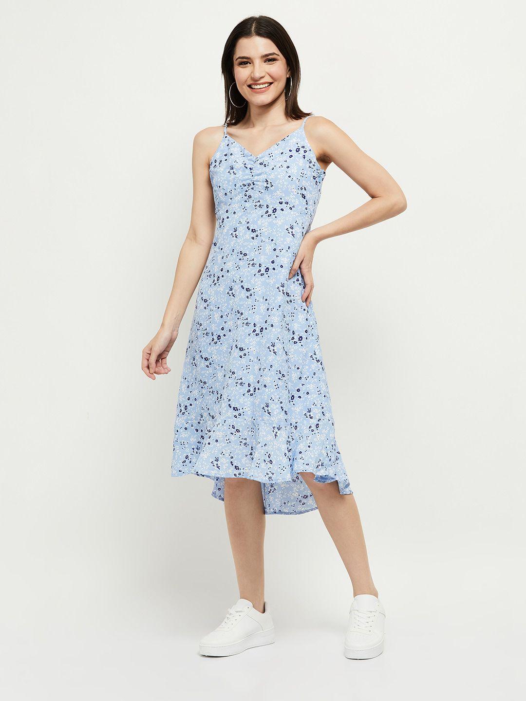 max blue & white floral shoulder strap midi dress