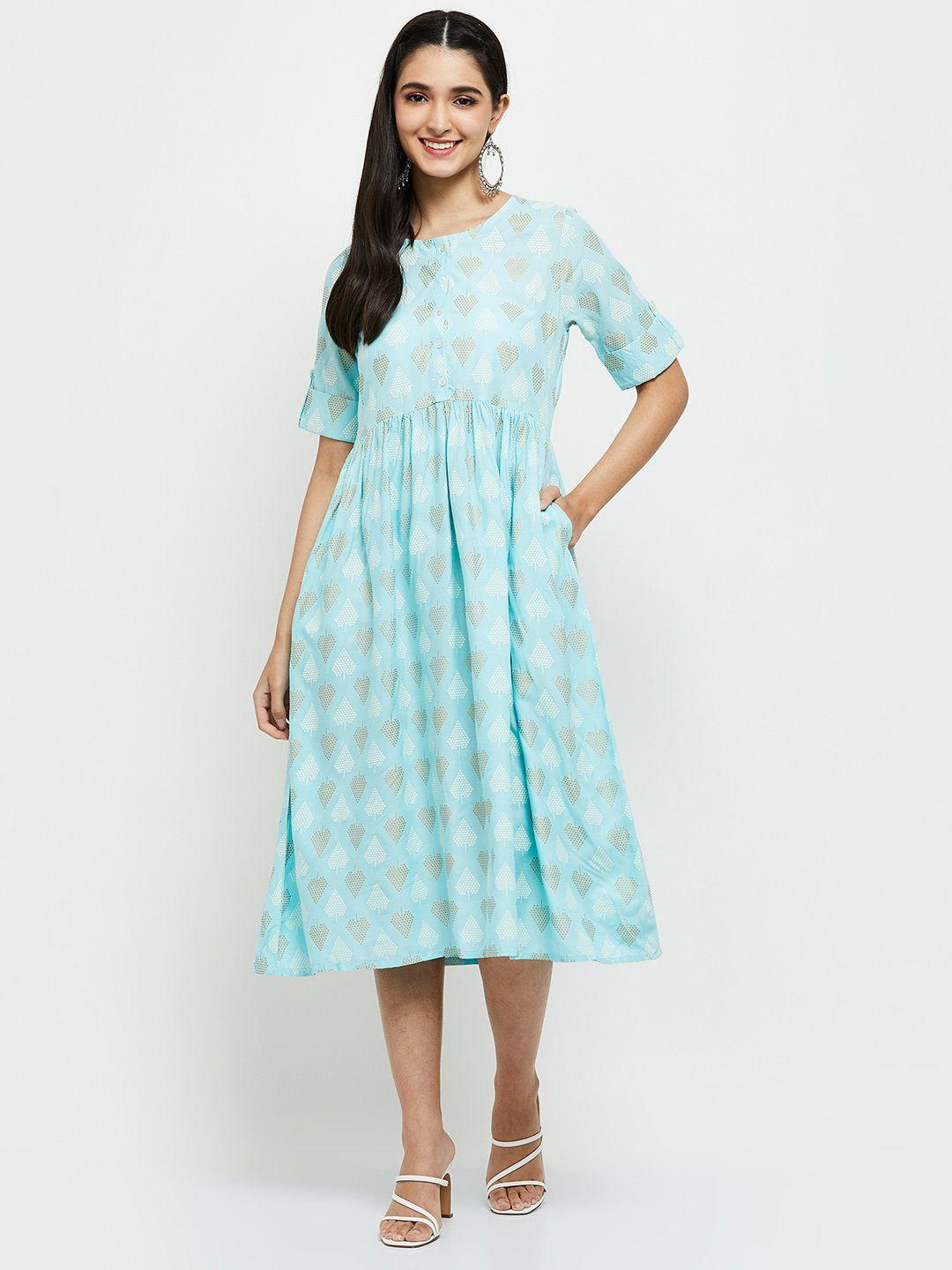 max blue ethnic motifs printed midi dress