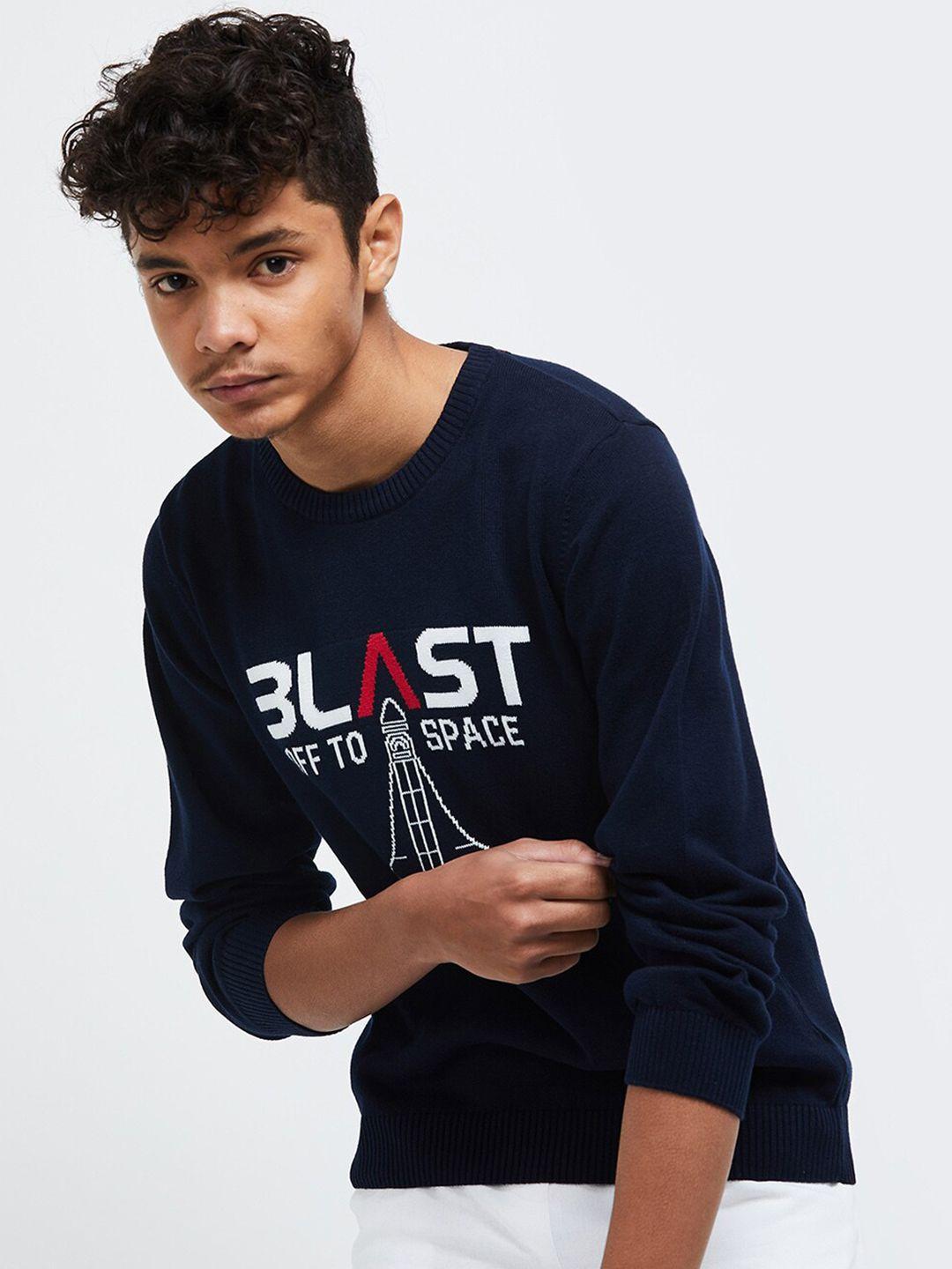 max boys blue & white typography printed pullover