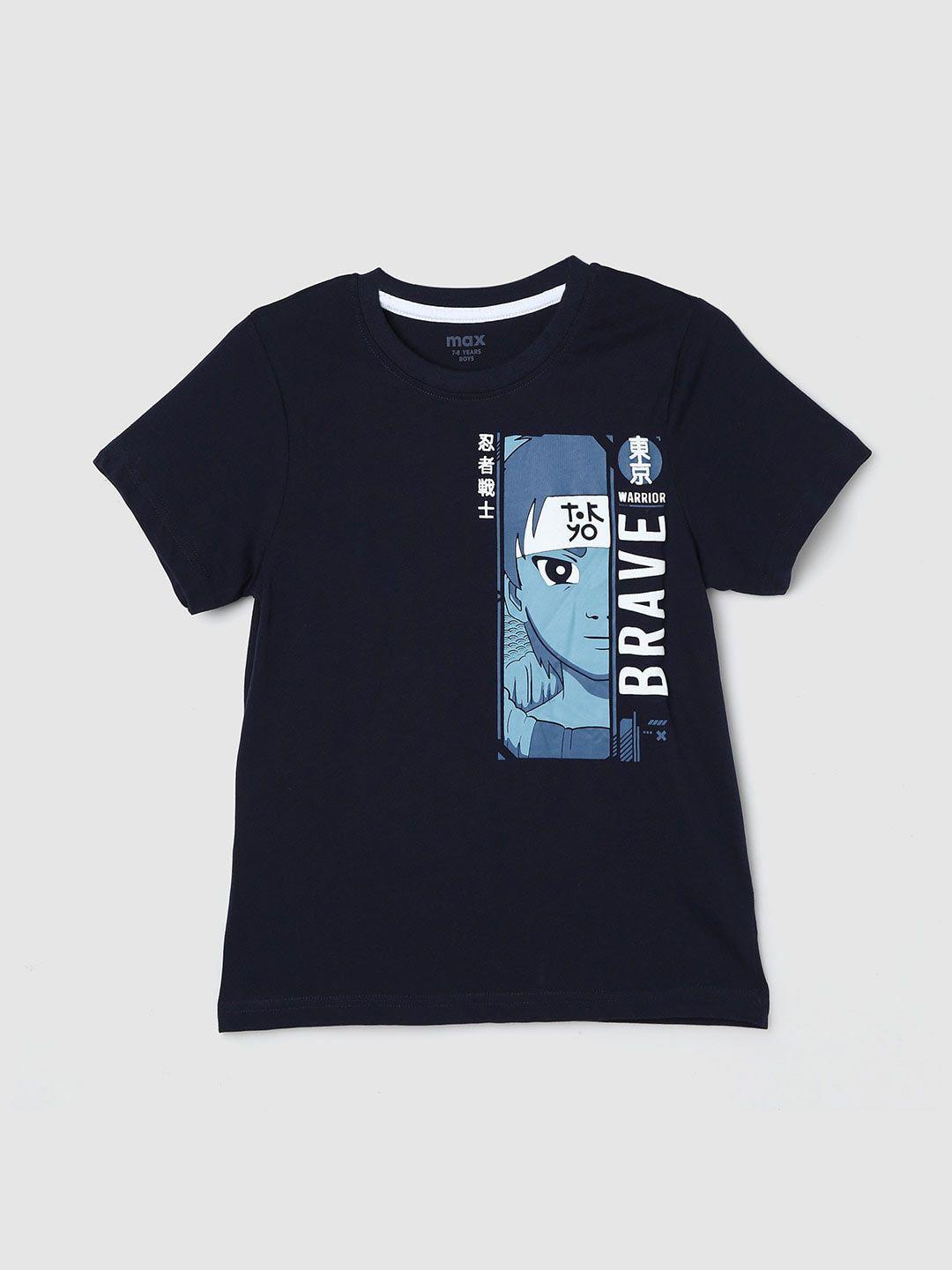 max boys navy blue printed henley neck raw edge t-shirt