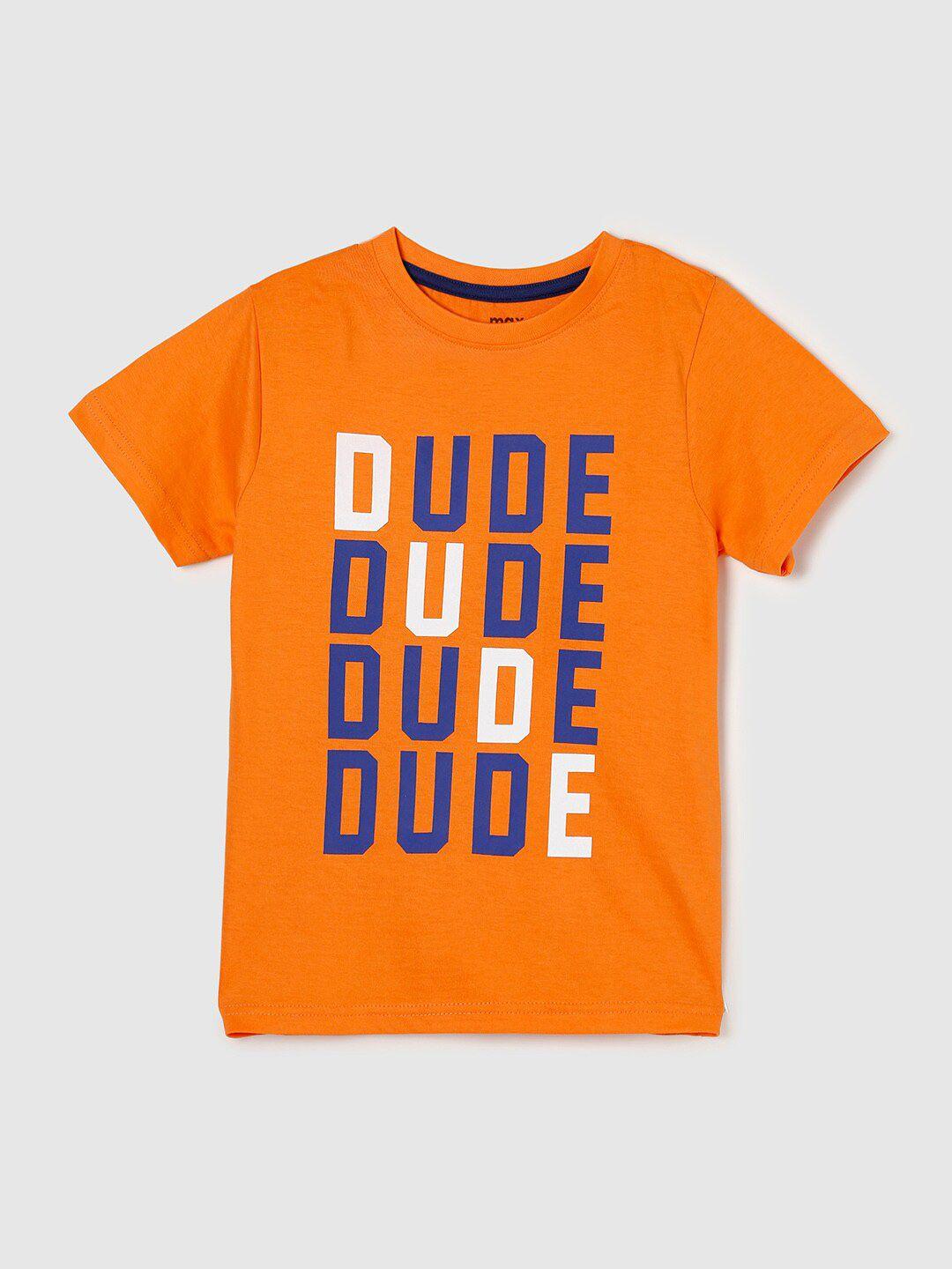 max boys orange & blue typography printed cotton t-shirt