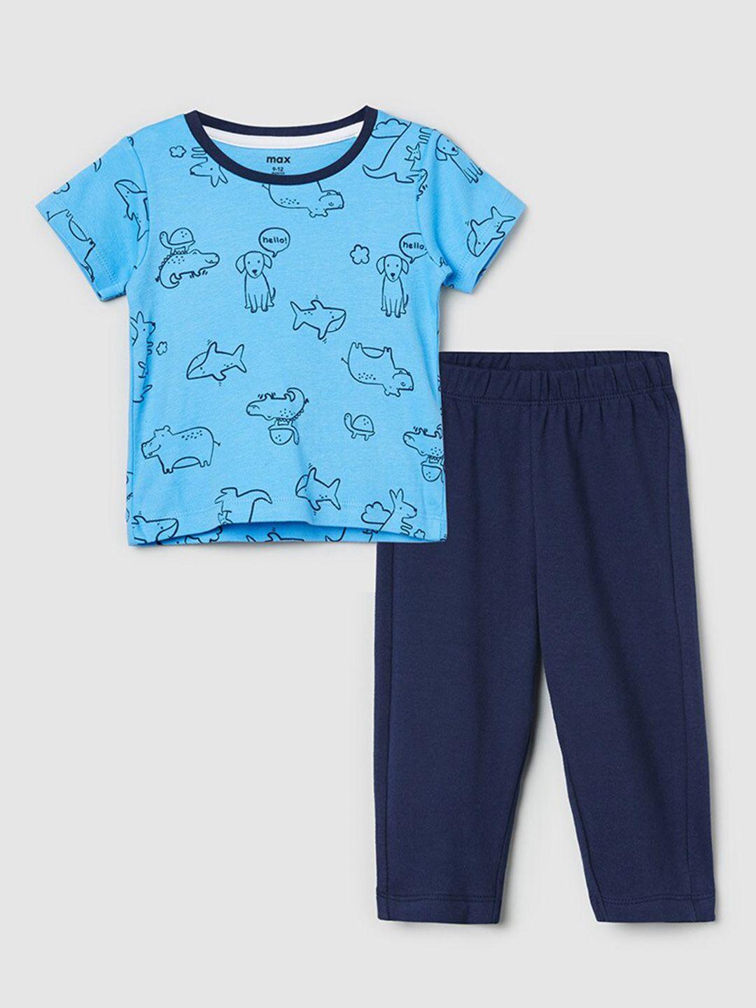 max boys turquoise blue & navy blue printed pure cotton t-shirt with trouser set