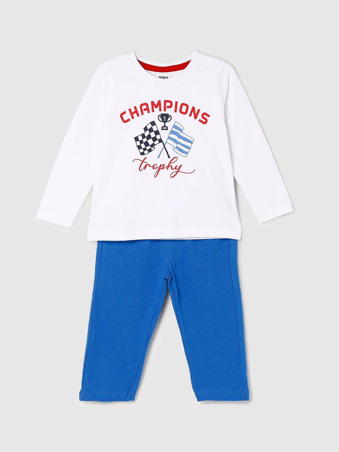 max boys white & blue printed pure cotton night suit