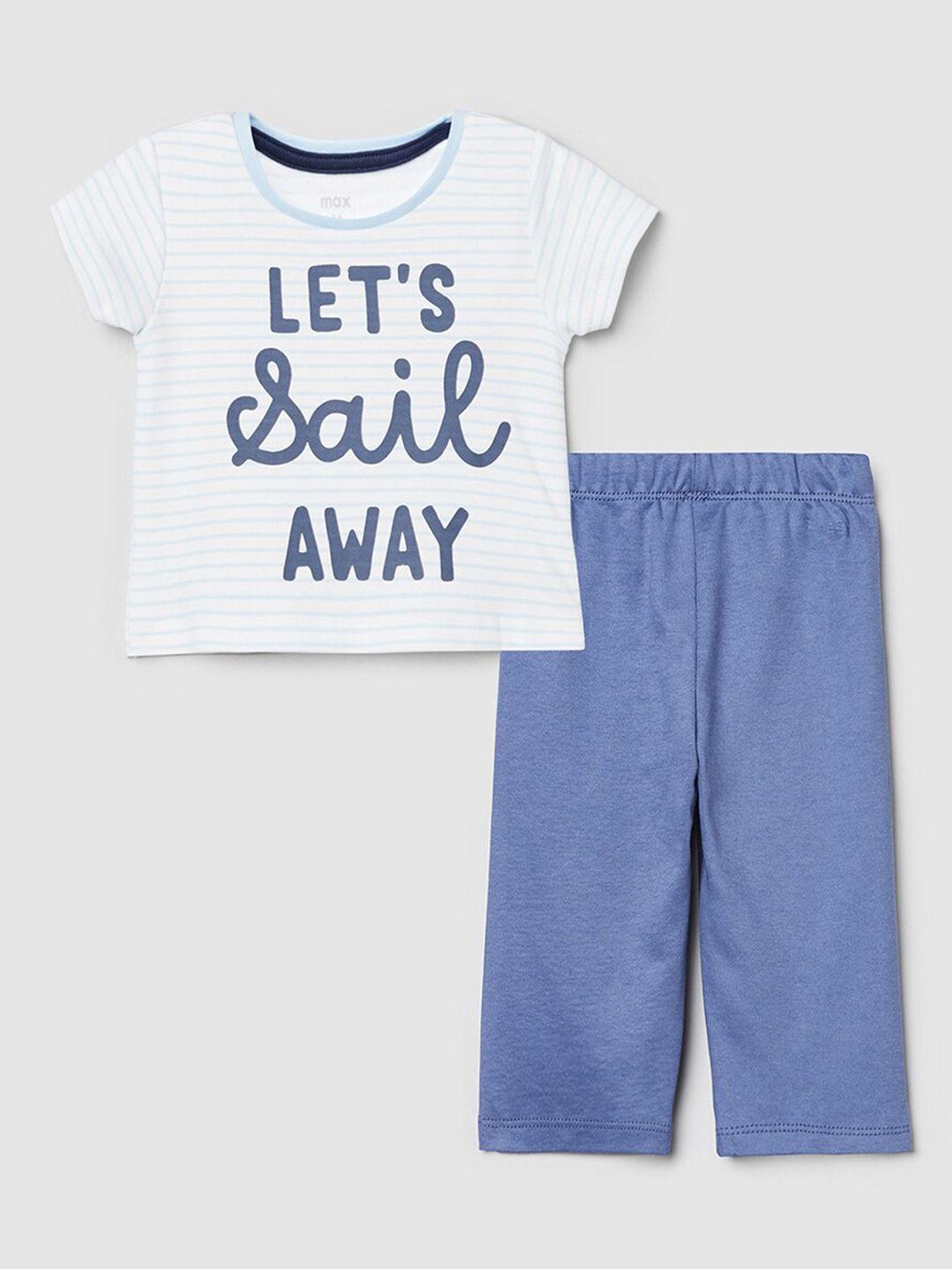 max boys white & blue typography printed pure cotton t shirt with trousers