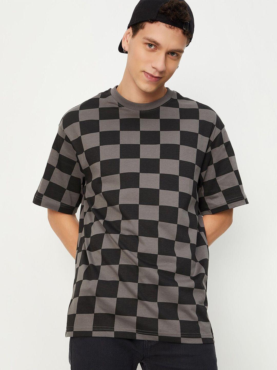 max checked drop-shoulder pure cotton t-shirt