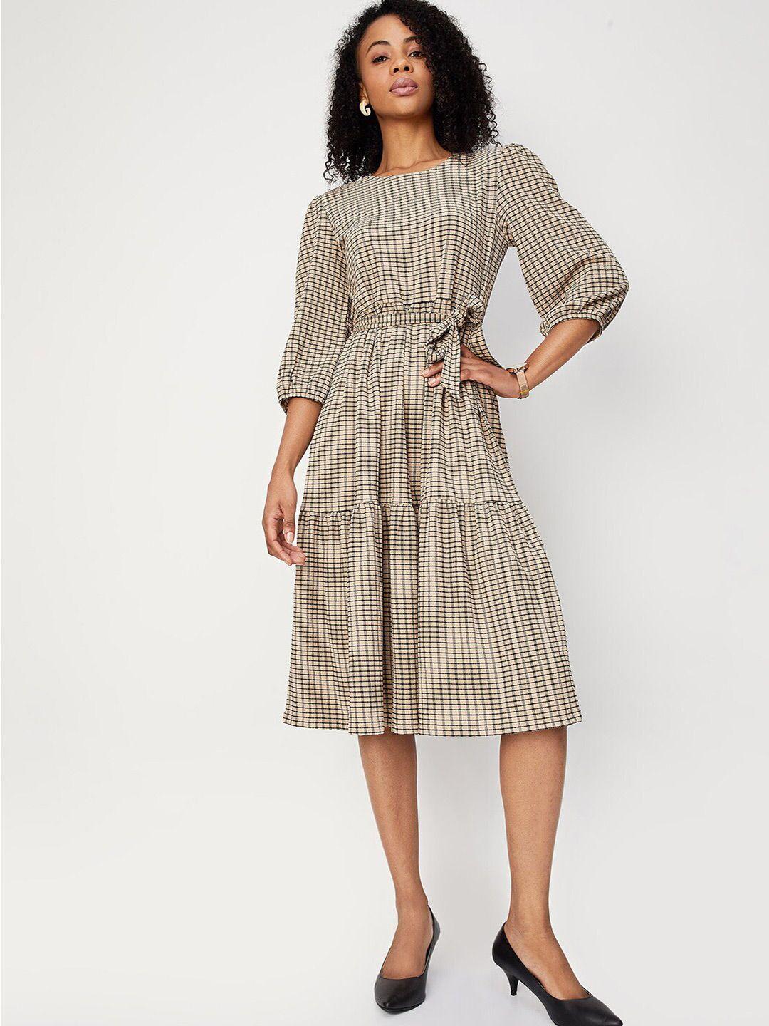 max checked puff sleeves tie-up a-line midi dress