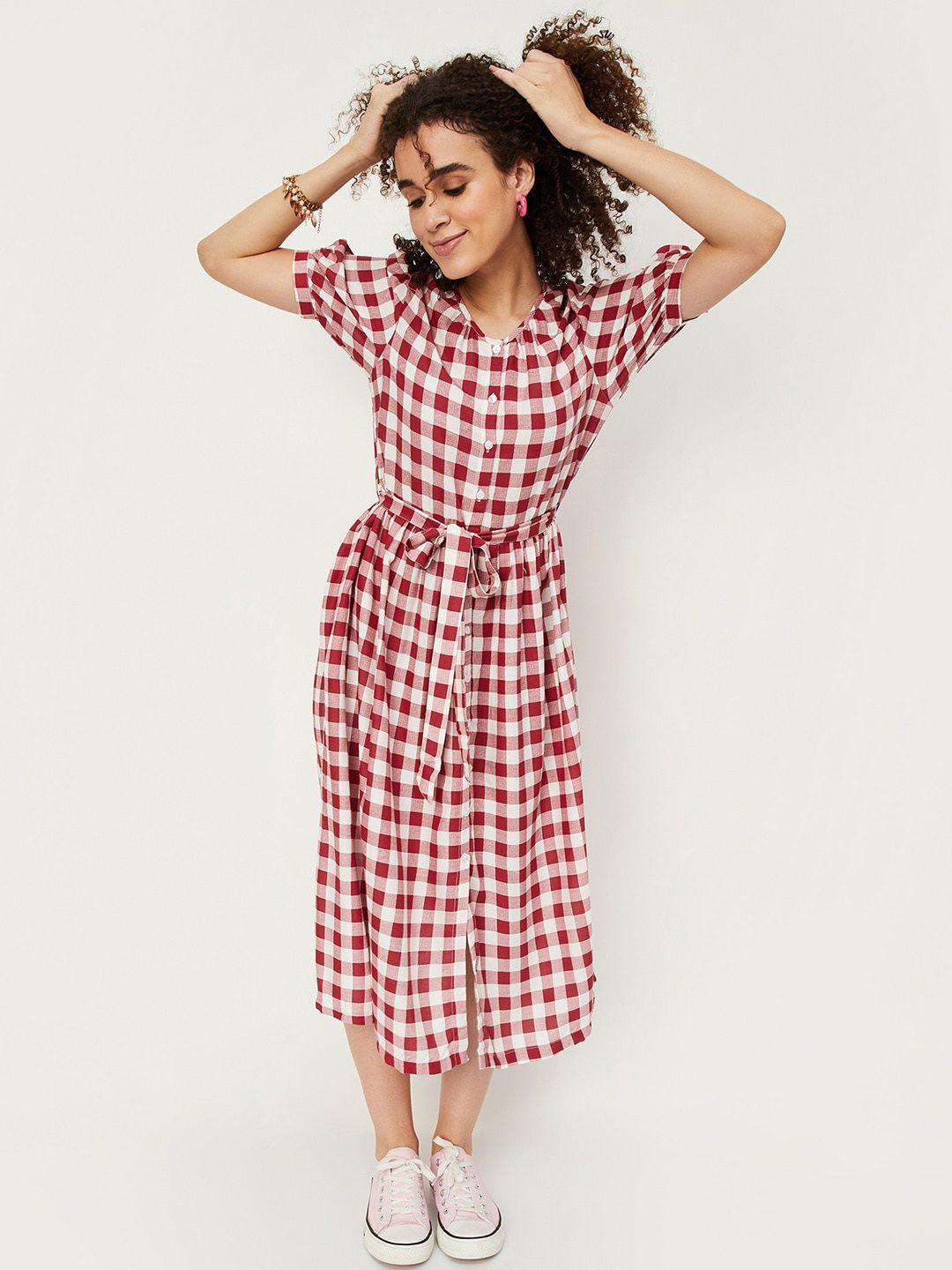 max checked pure cotton puff sleeve a-line midi dress