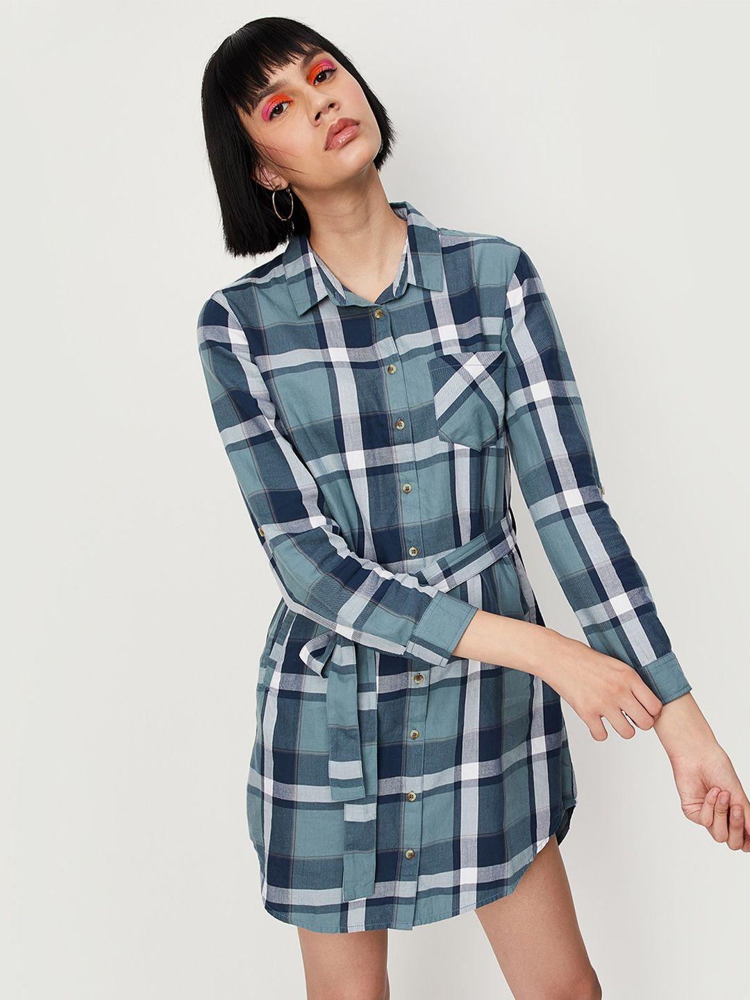 max checked pure cotton waist tie-up mini shirt dress