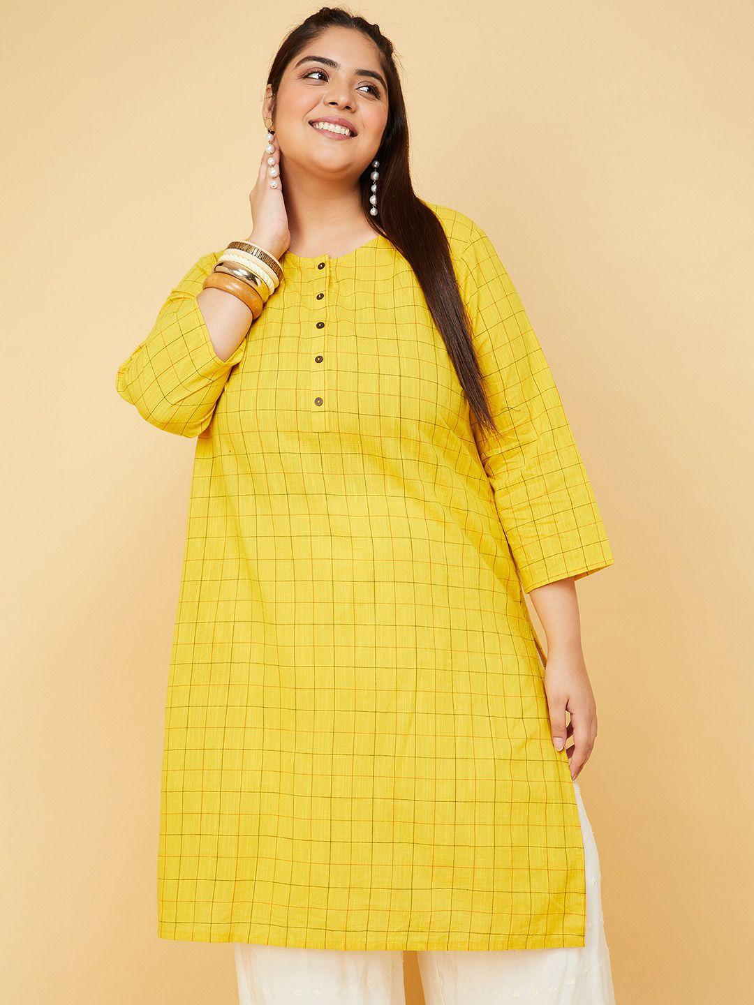 max checked round neck cotton straight kurta