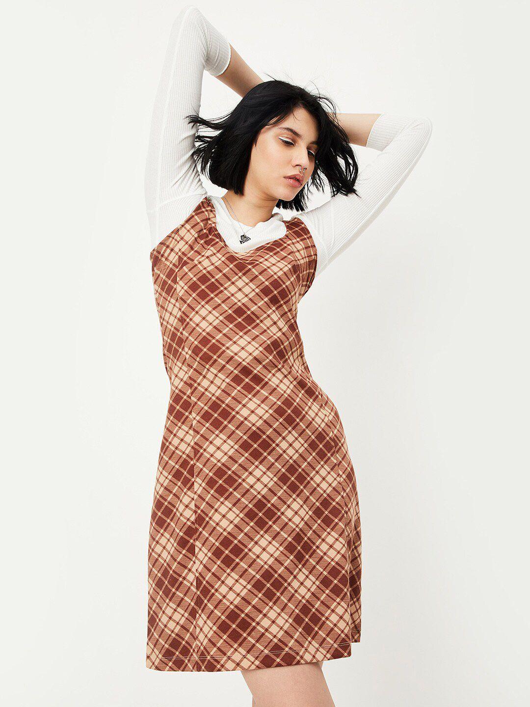 max checked shoulder straps cut-out a-line dress