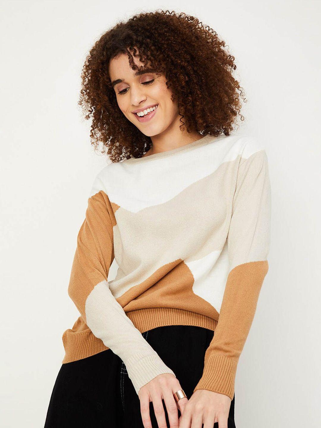 max colourblocked round neck long sleeves acrylic pullover sweater