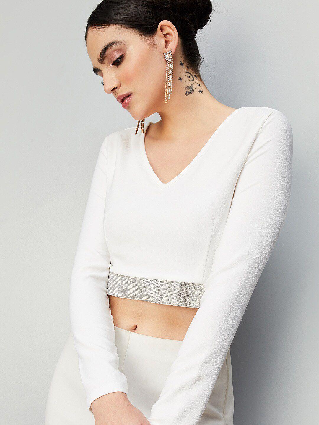 max embellished v-neck long sleeve casual crop top