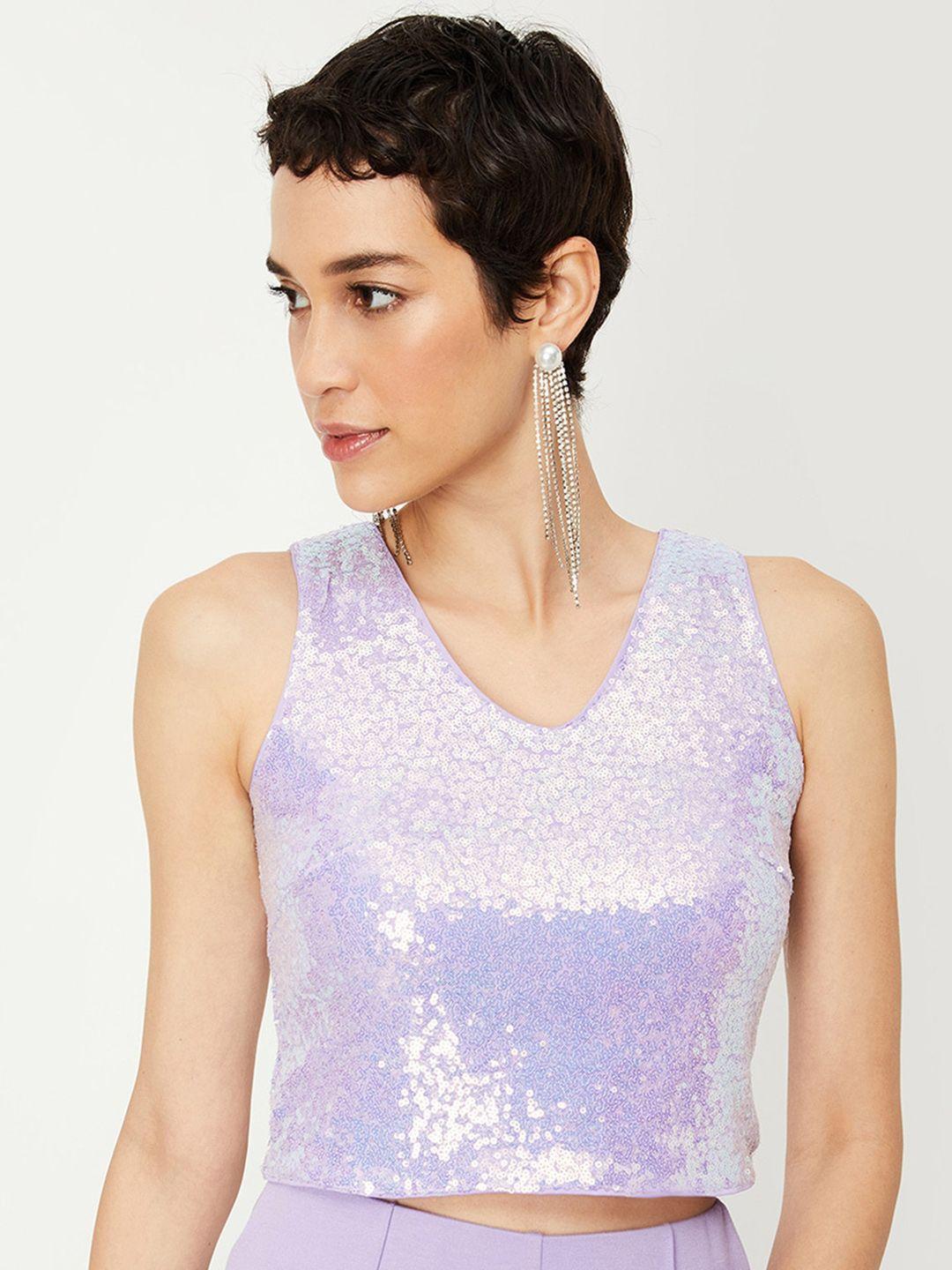 max embellished v-neck sleeveless sequinned crop top