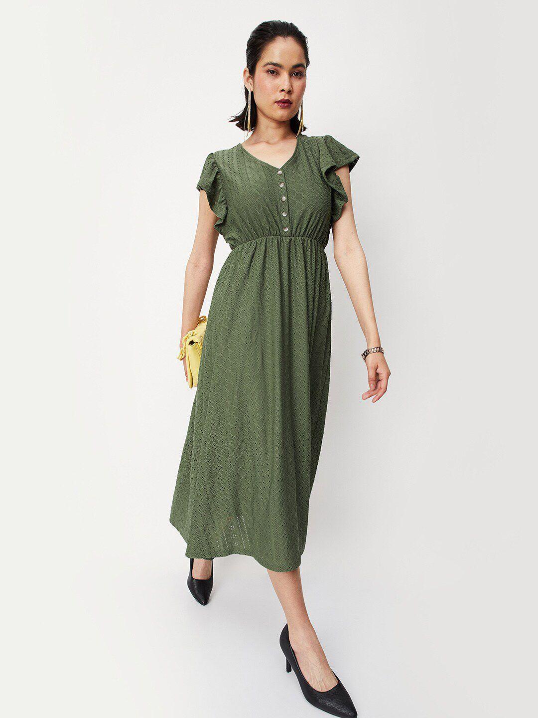 max embroidered schiffli flutter sleeves fit & flare midi dress