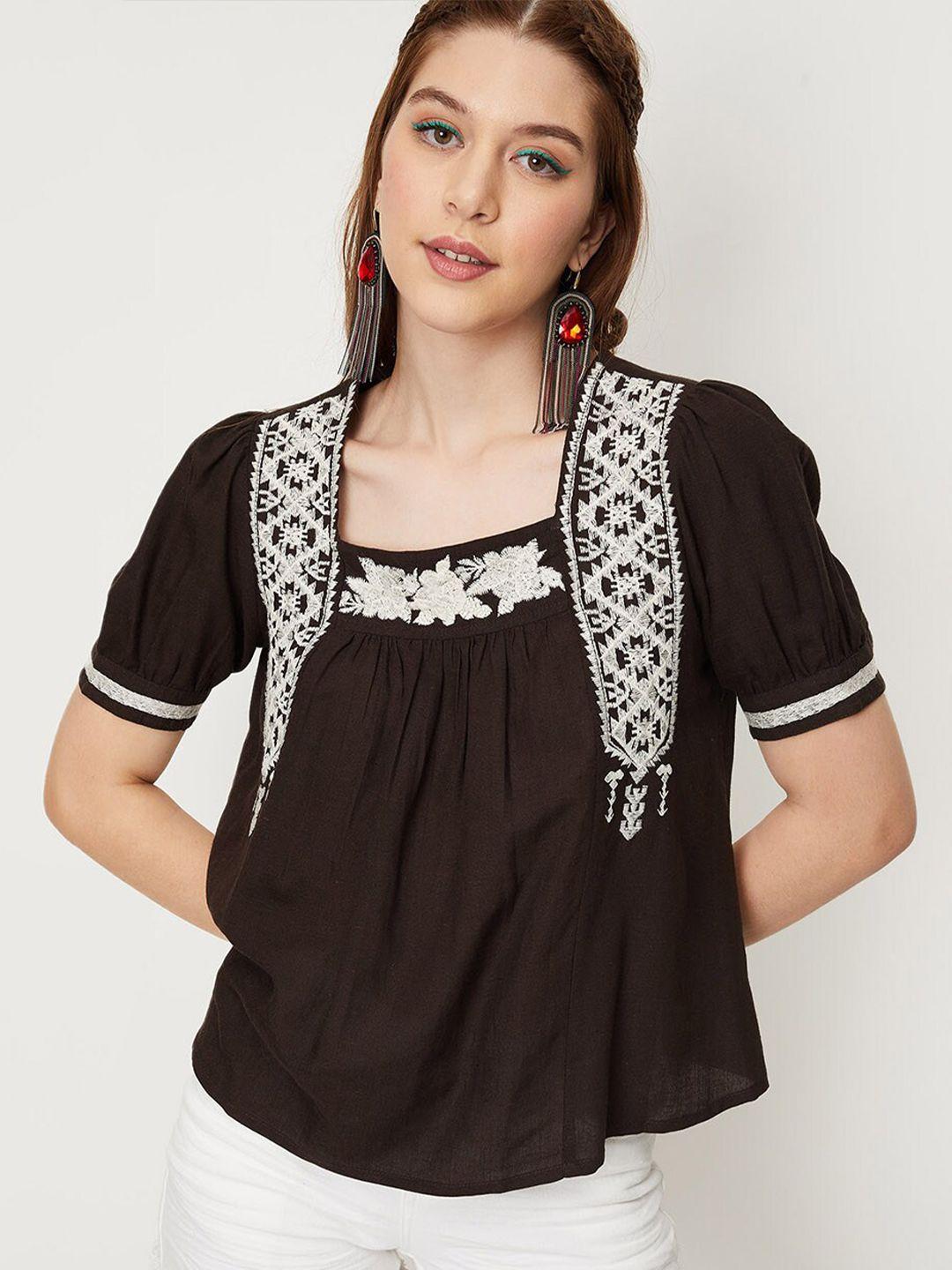 max embroidered square neck puffed sleeves cotton top