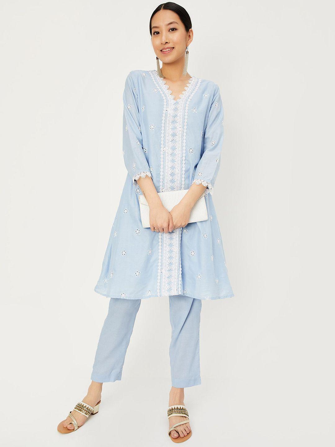 max embroidered v-neck cambric cotton a-line kurta with trousers