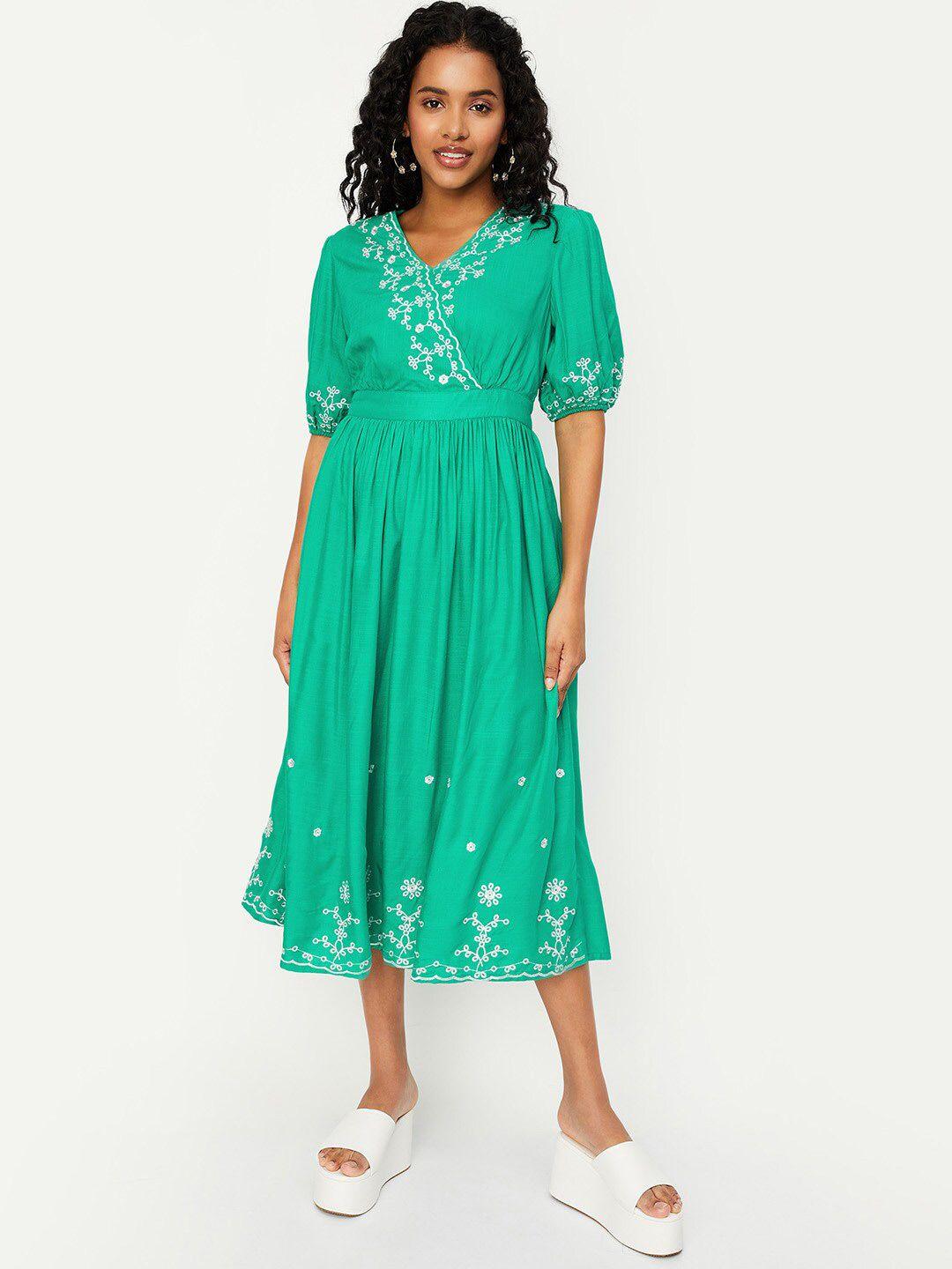 max embroidered v-neck puff sleeves fit & flare dress