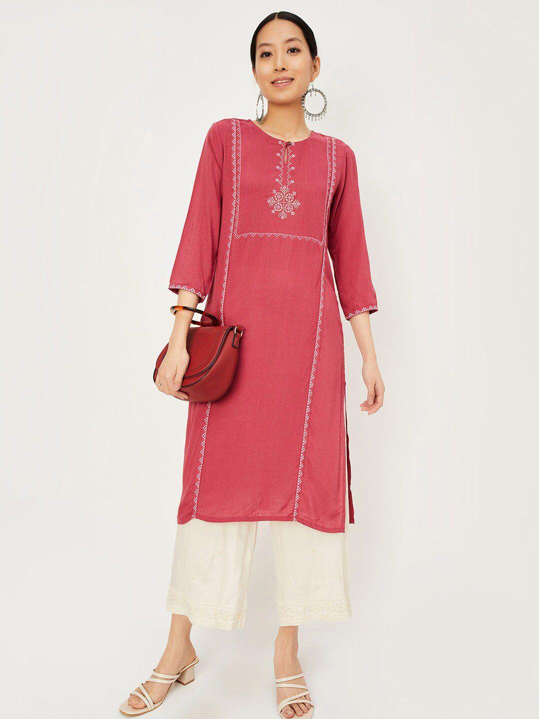 max ethnic motifs embroidered keyhole neck thread work straight kurta