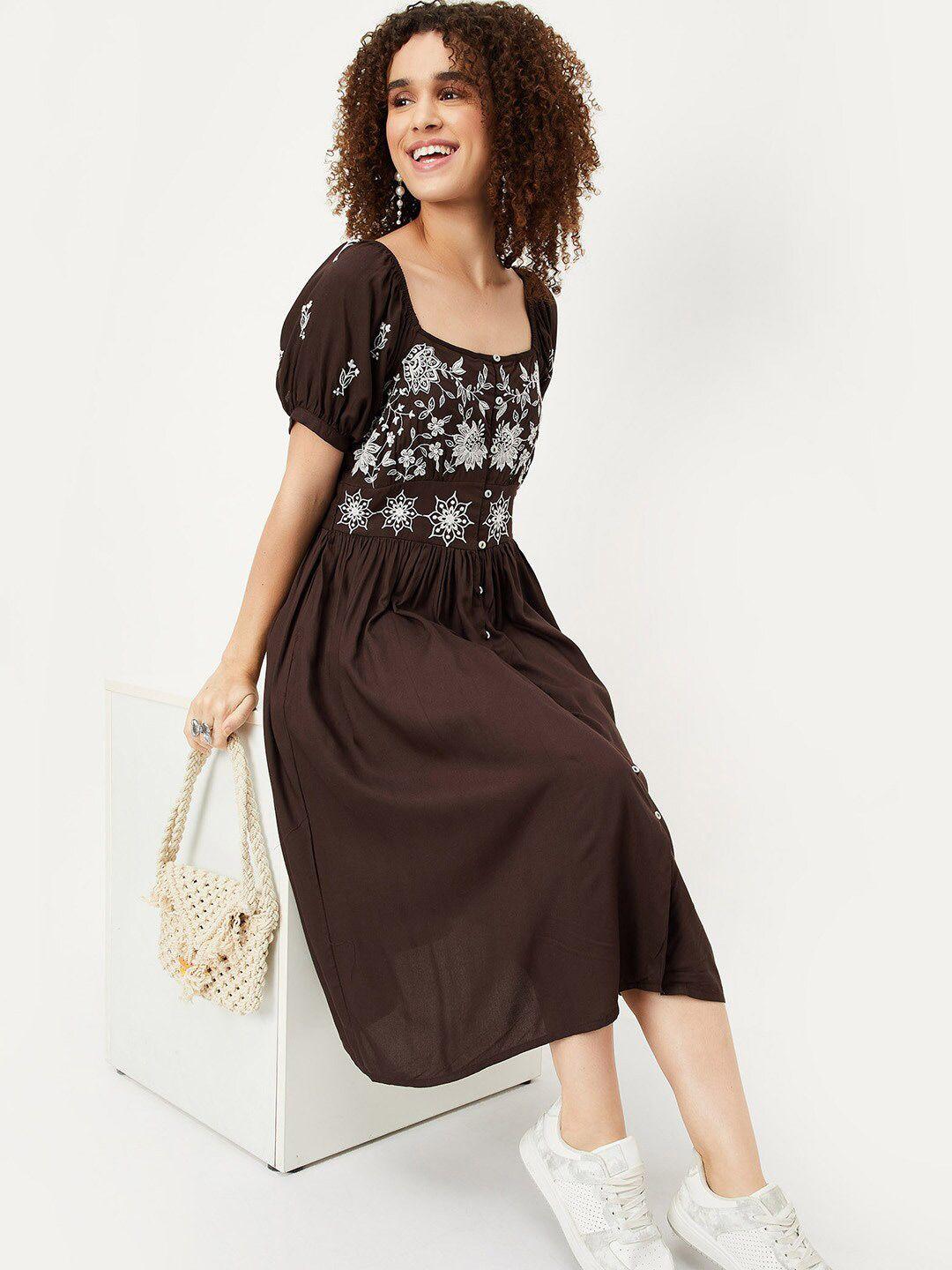 max ethnic motifs embroidered puff sleeves fit and flare midi dress