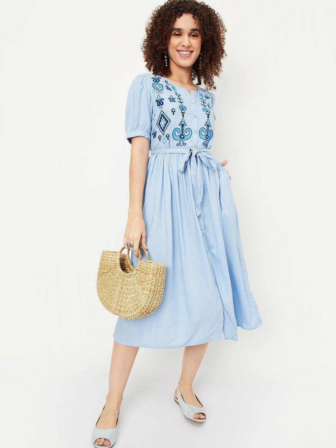max ethnic motifs embroidered puff sleeves fit and flare midi dress