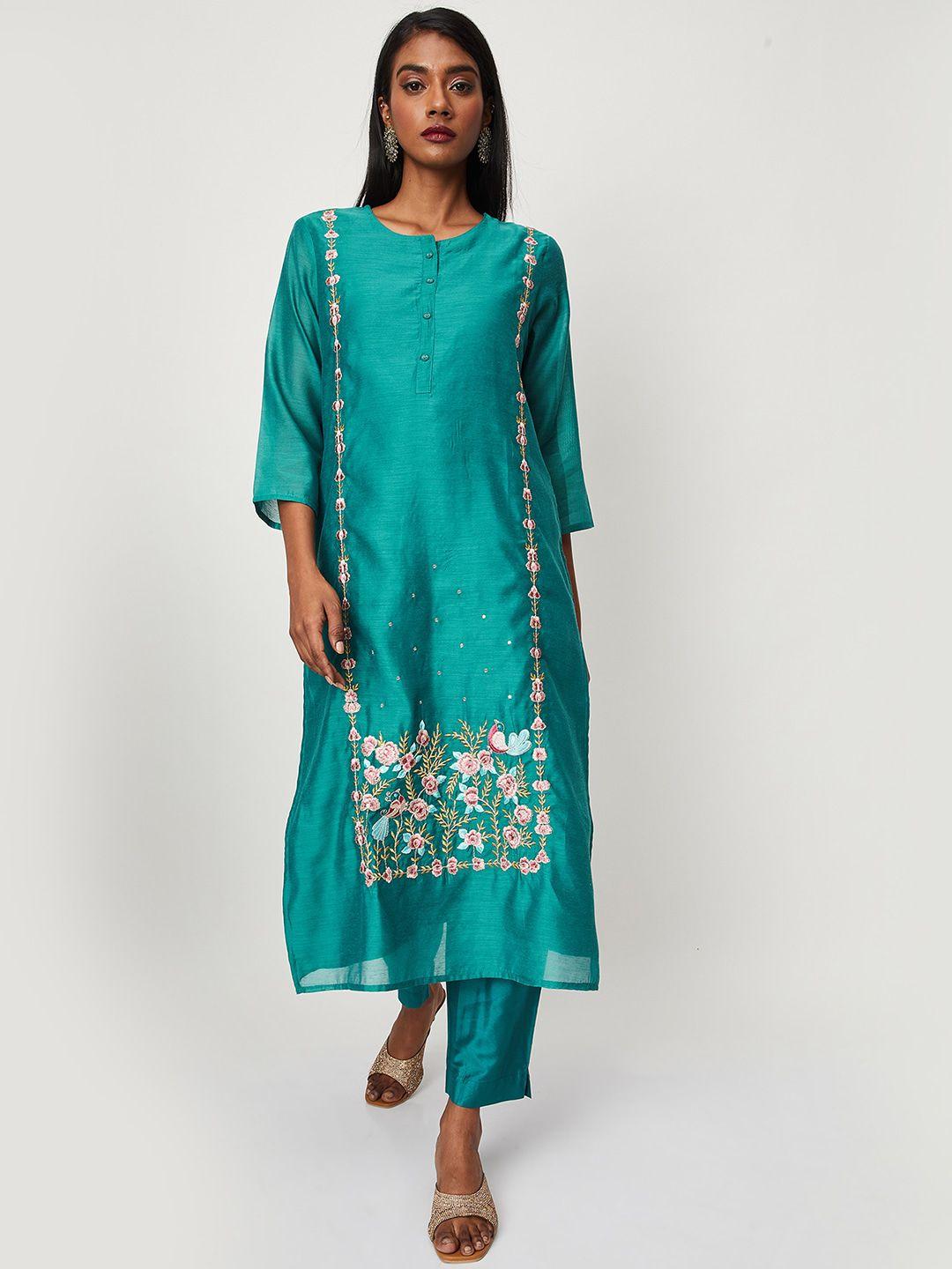 max ethnic motifs embroidered regular chanderi cotton kurta with trousers & dupatta