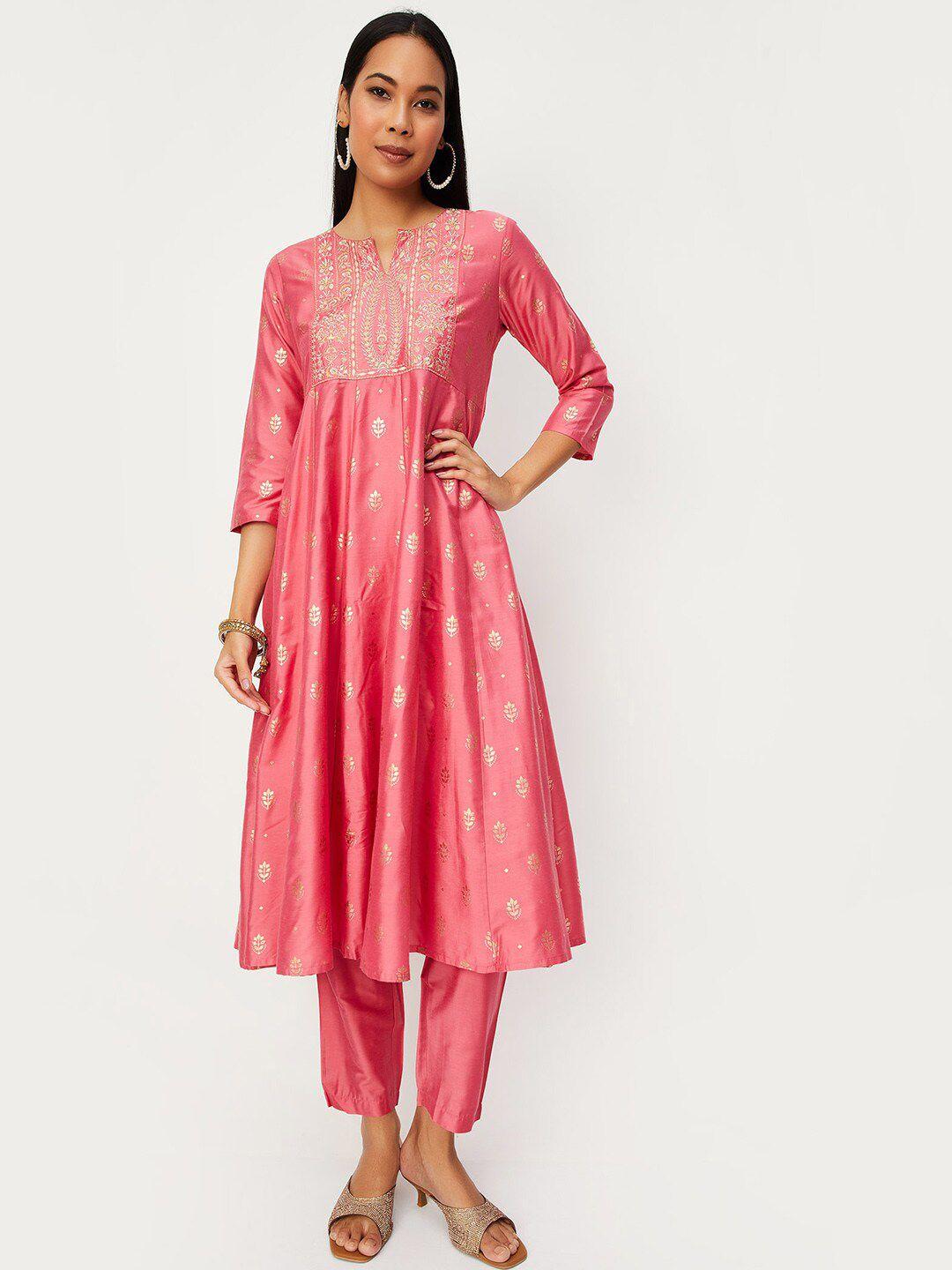 max ethnic motifs embroidered round neck a-line kurta with trousers