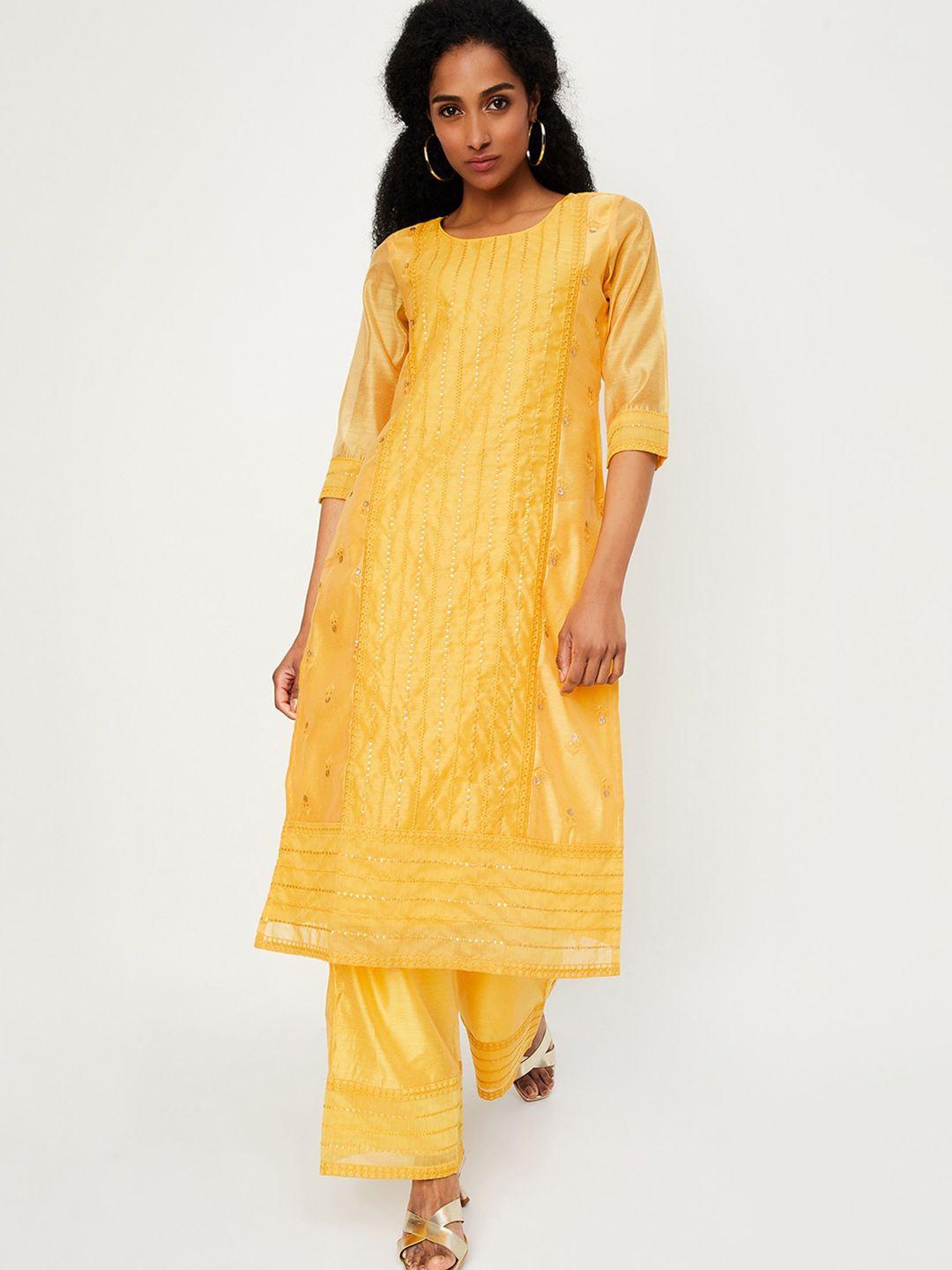 max ethnic motifs embroidered sequinned round neck straight kurta