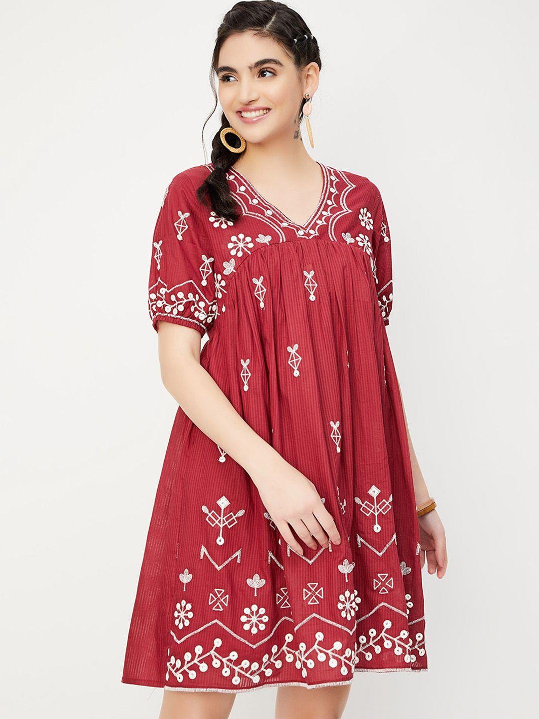 max ethnic motifs embroidered v-neck puff sleeves gathered a-line dress