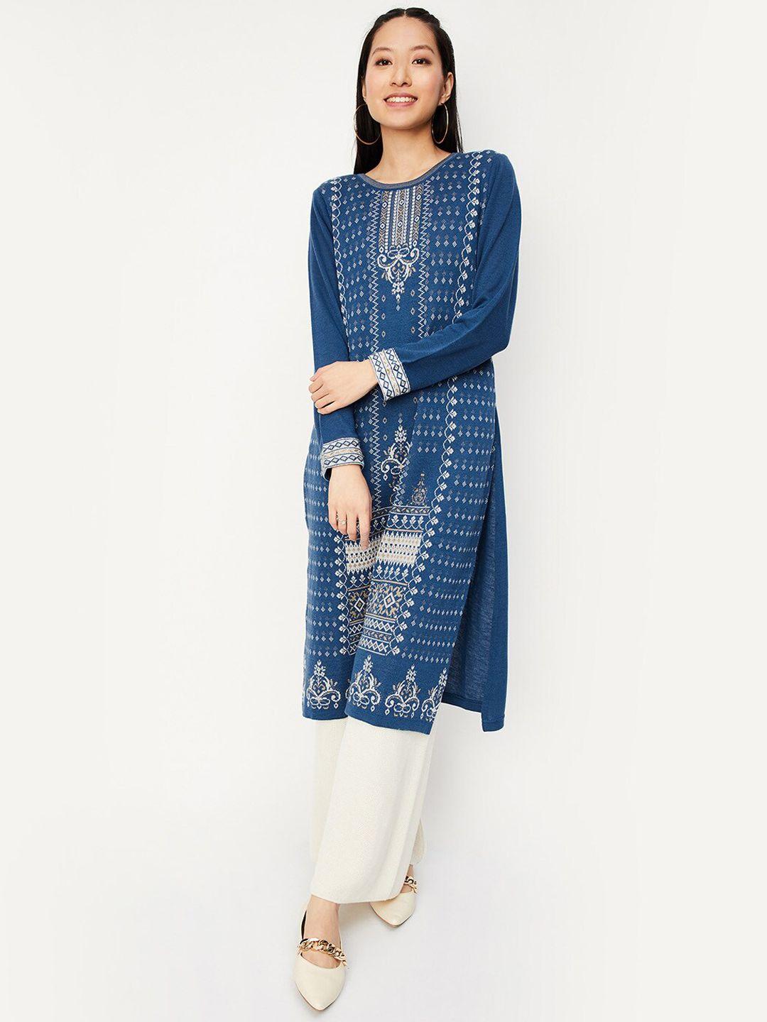 max ethnic motifs woven design long sleeves acrylic straight kurta