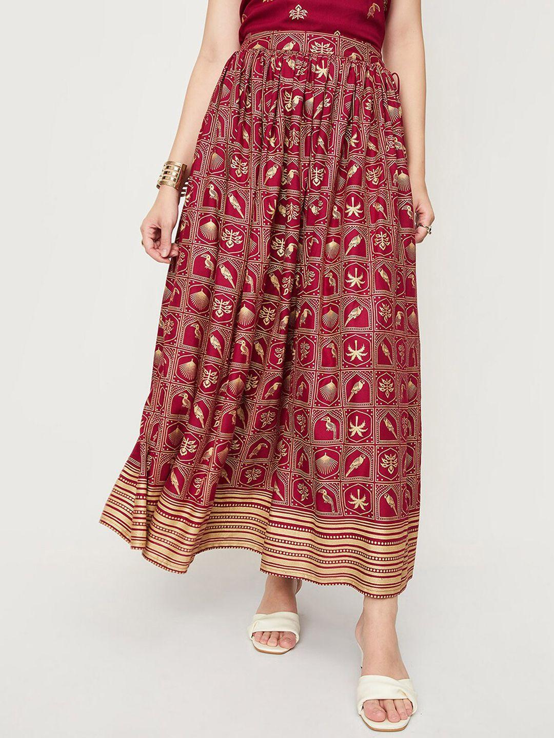 max ethnic printed pleated flared skirt