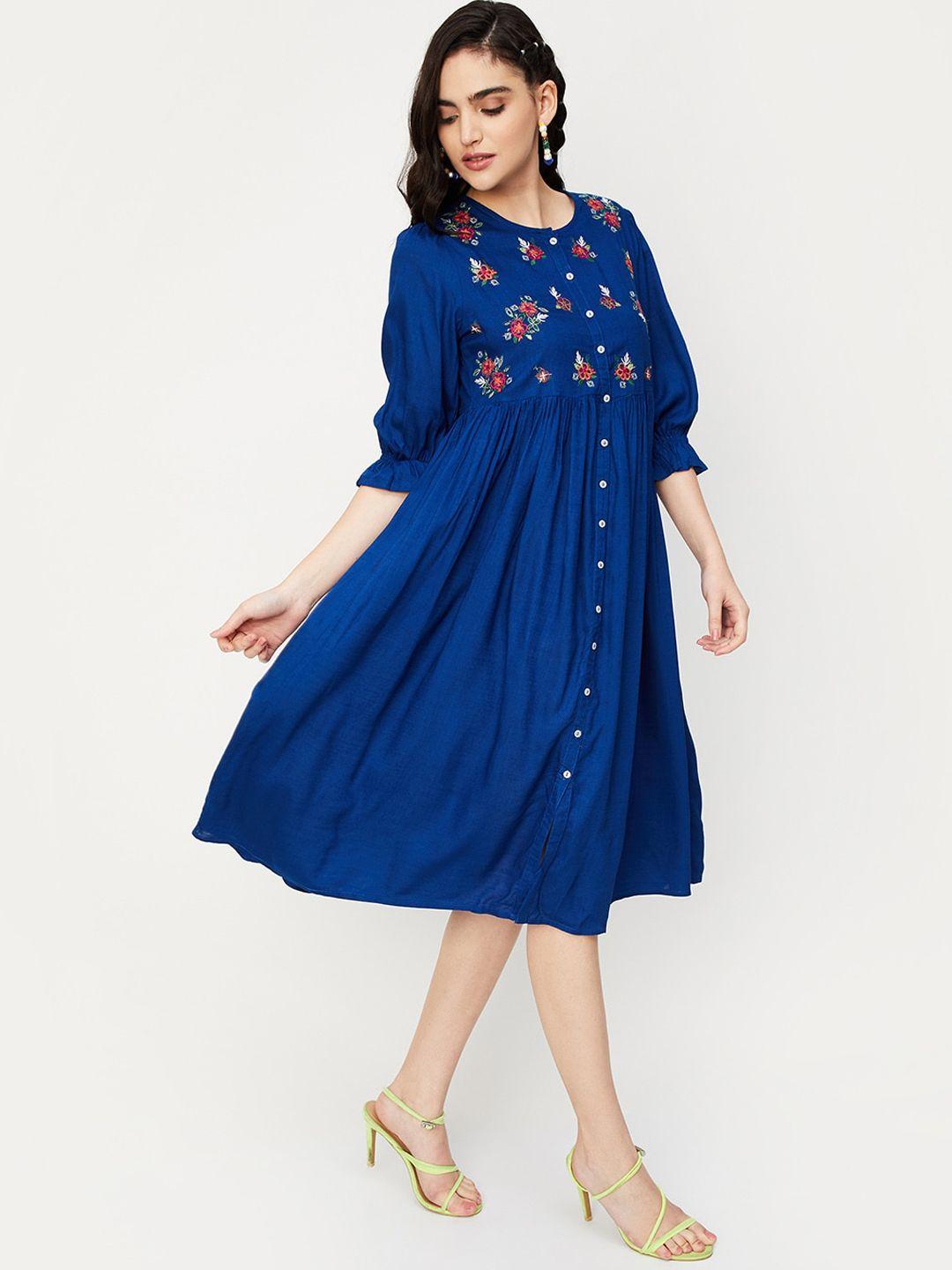 max floral embroidered fit & flared midi ethnic dress