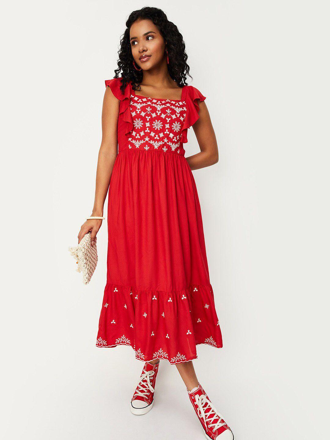 max floral embroidered flutter sleeve fit & flare dress