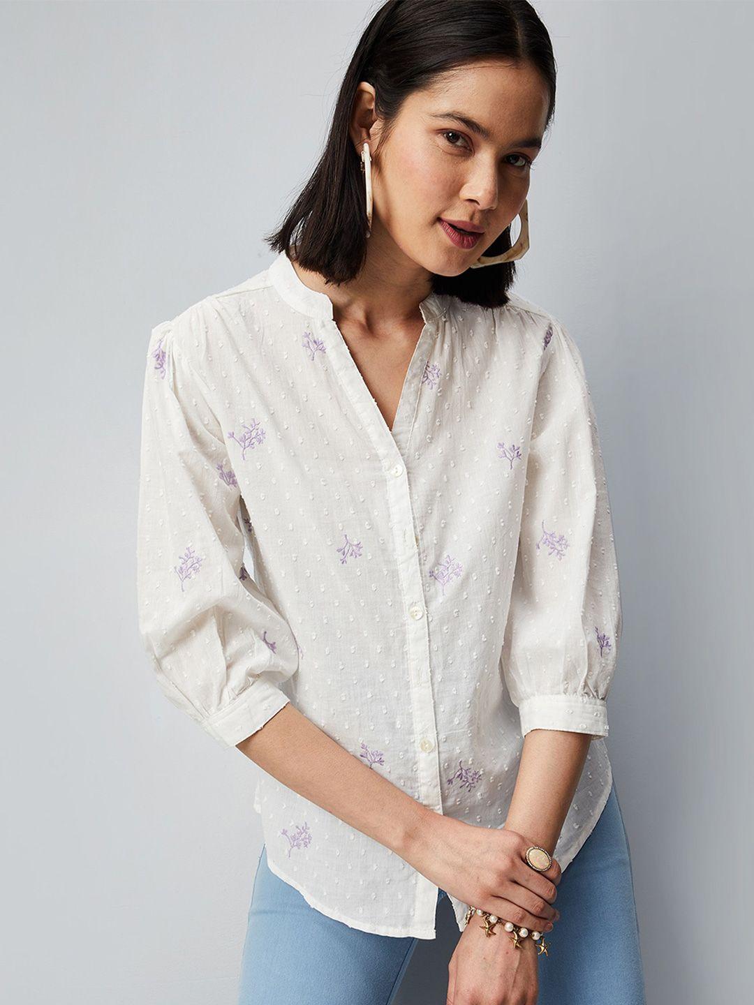 max floral embroidered mandarin collar cotton shirt style top