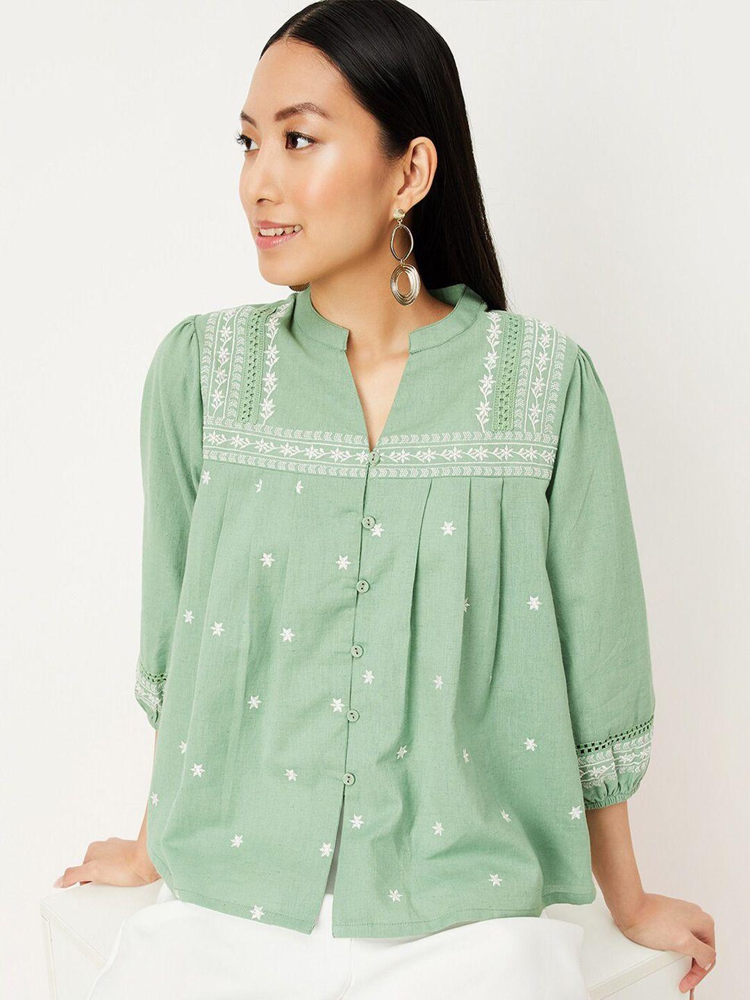 max floral embroidered mandarin collar puff sleeve cotton shirt style top