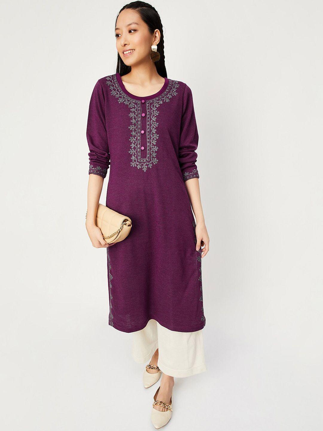 max floral embroidered round neck acrylic kurta