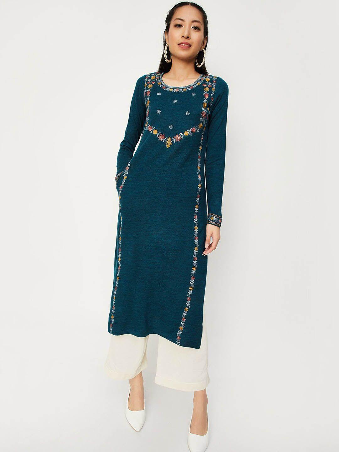 max floral embroidered round neck regular acrylic kurta