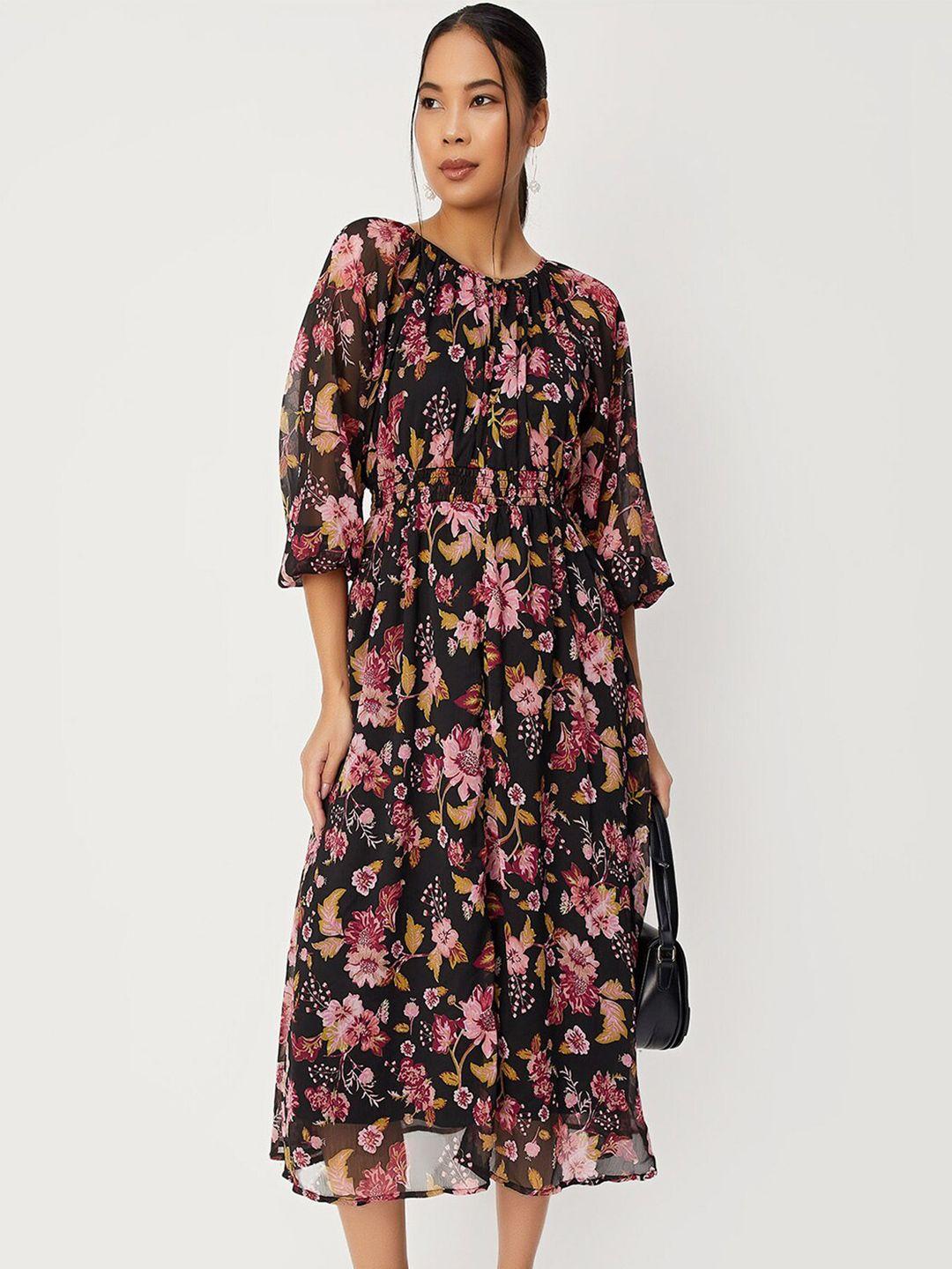 max floral print puff sleeve a-line midi dress