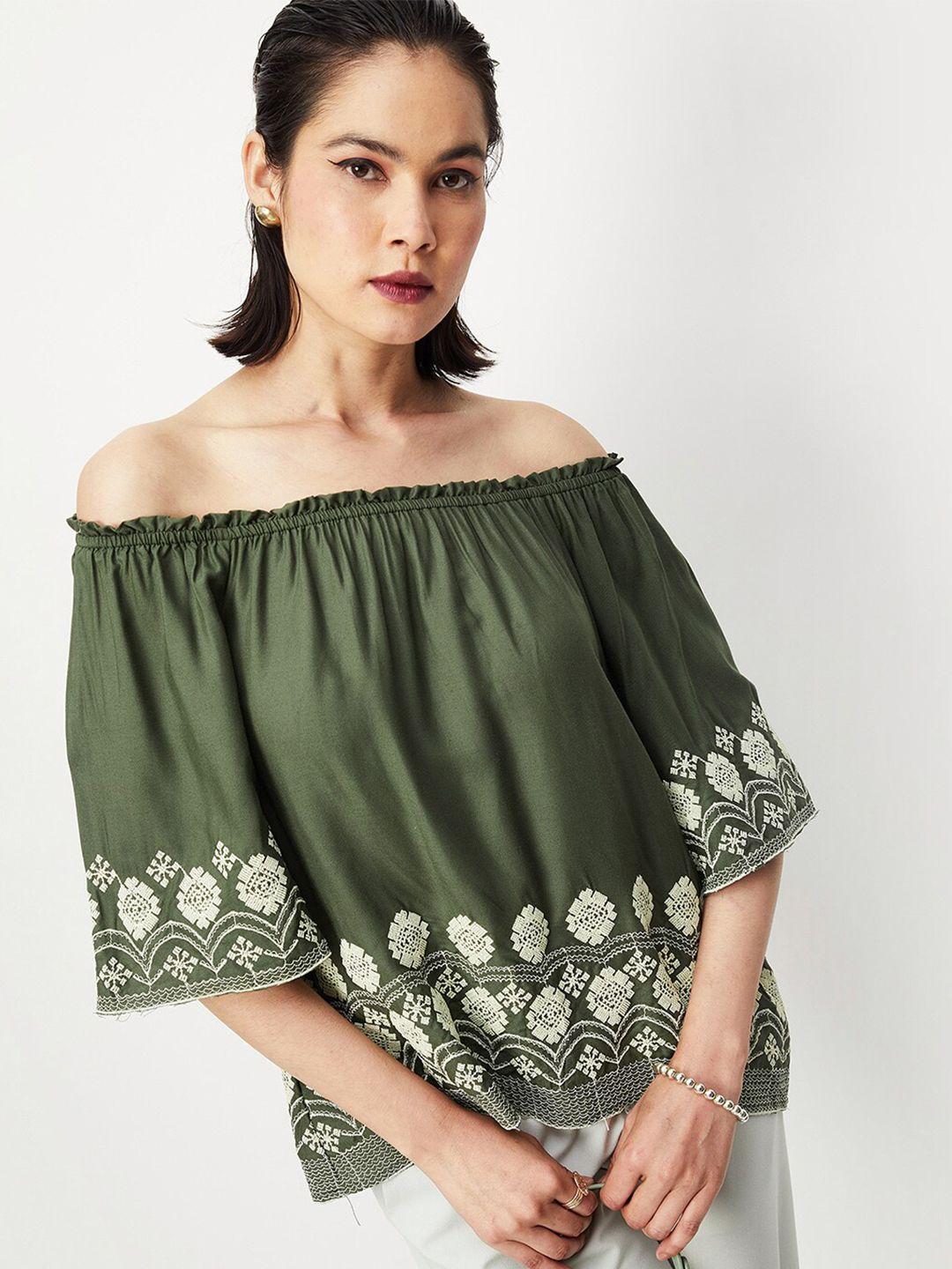 max floral printed gathered bardot top