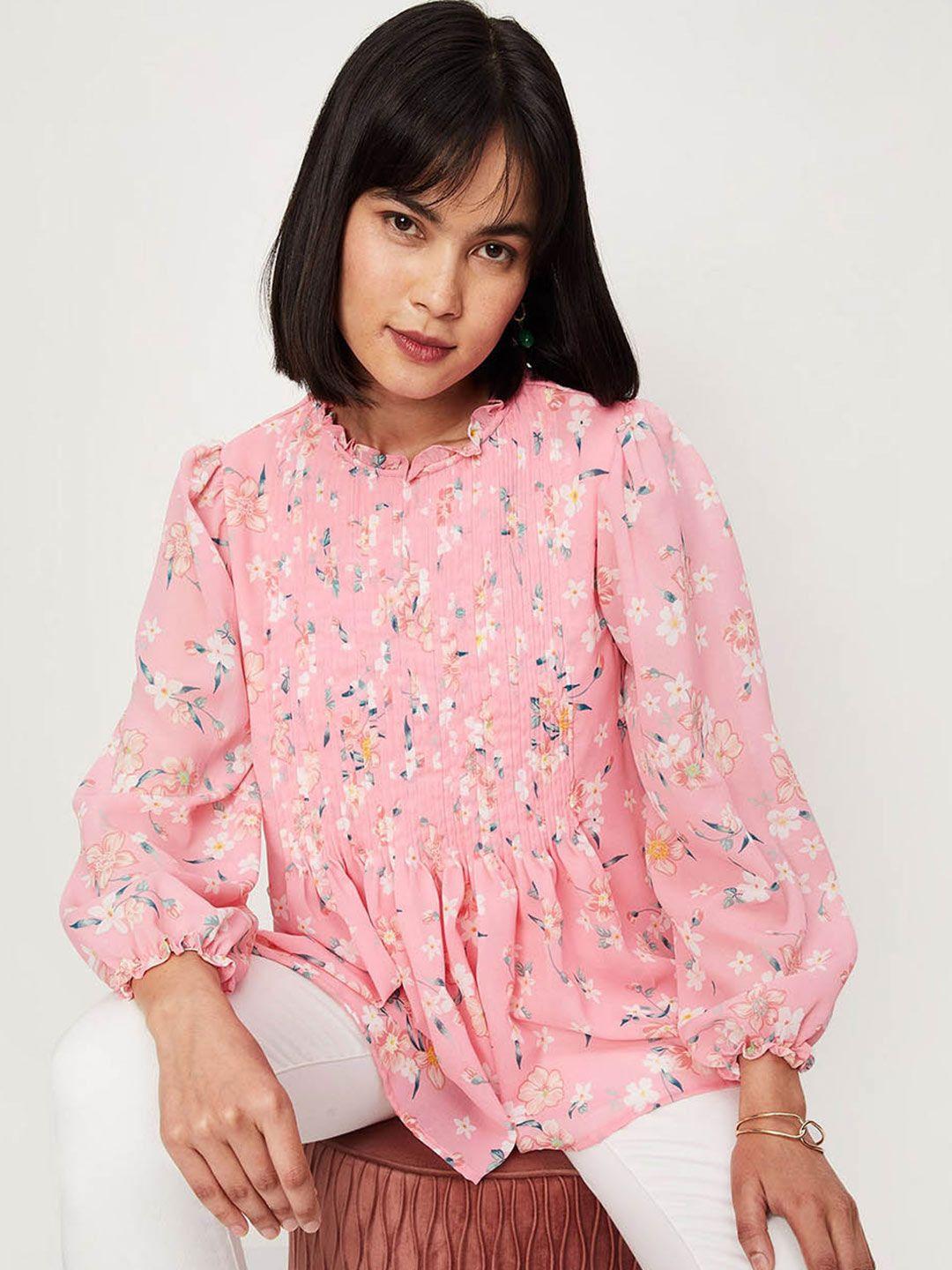 max floral printed high neck gathers puff sleeves top