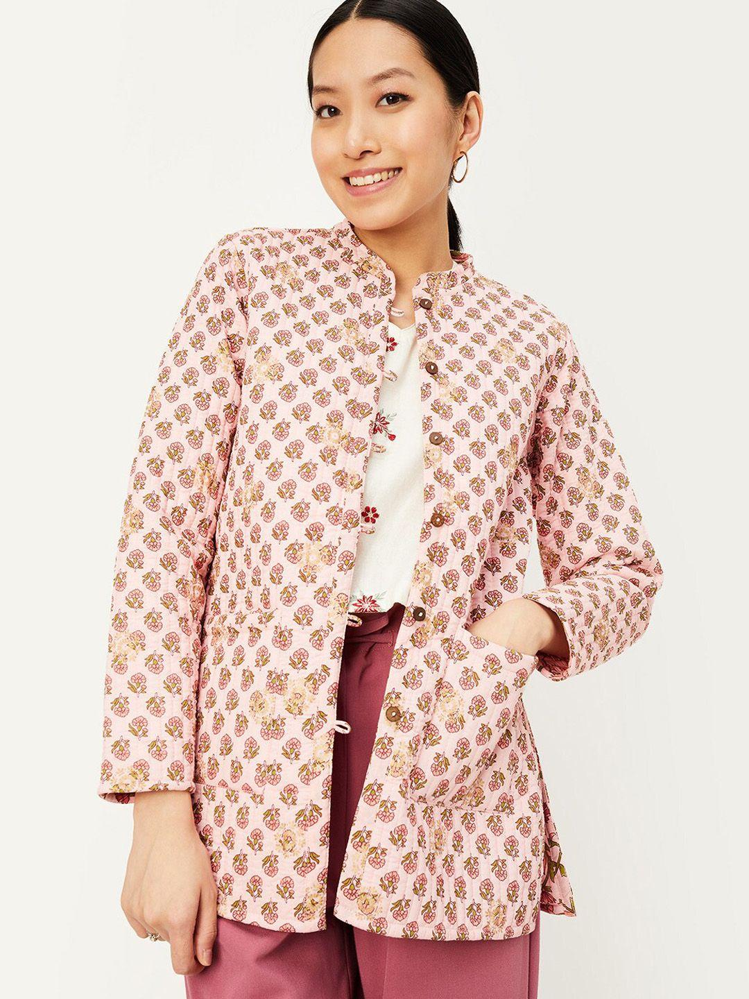 max floral printed mandarin collar longline cotton open front ethnic jacket